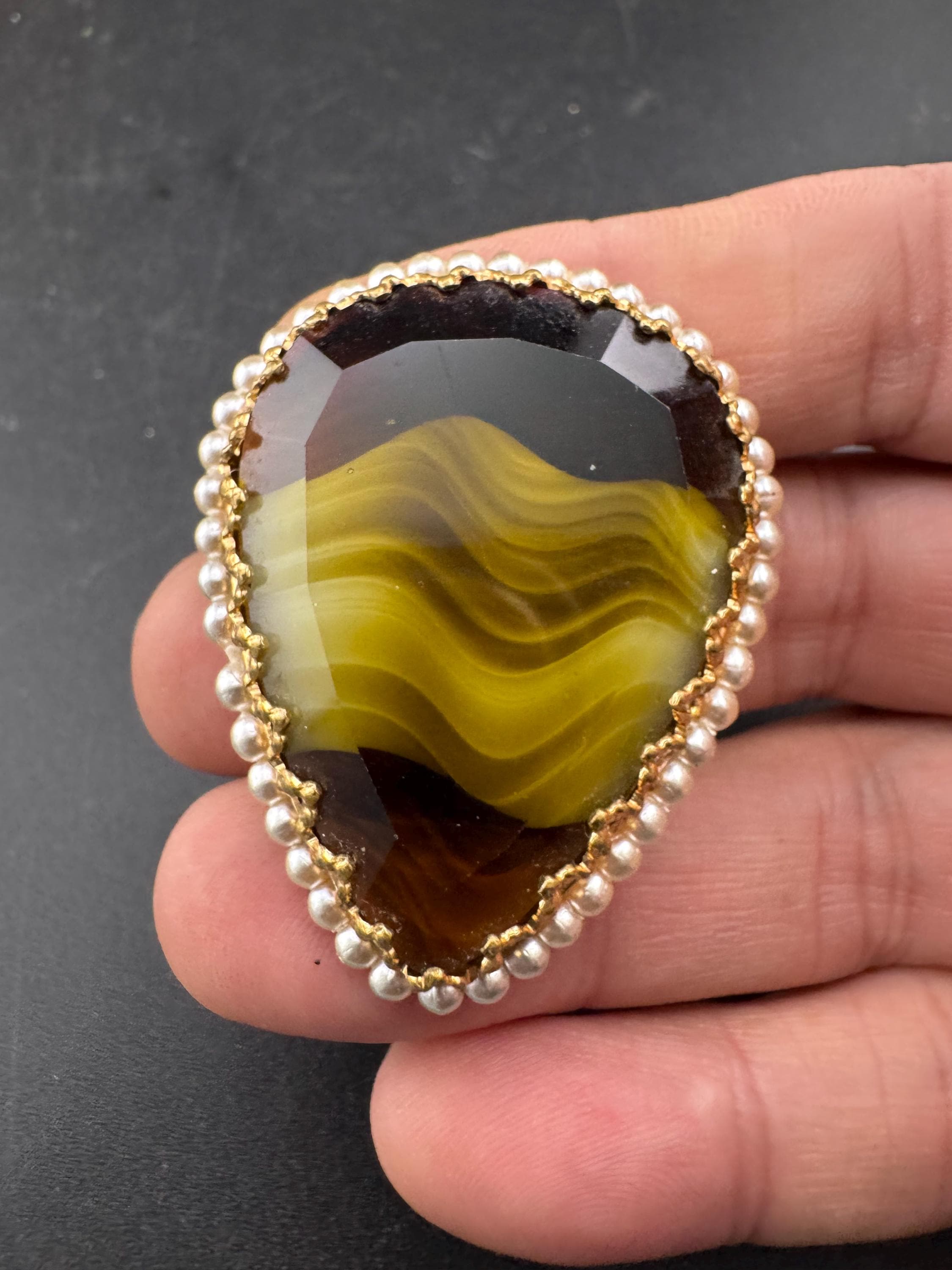 Vintage Oversized khaki green Celtic Brooch: Faux Agate Givre Glass, 1960s