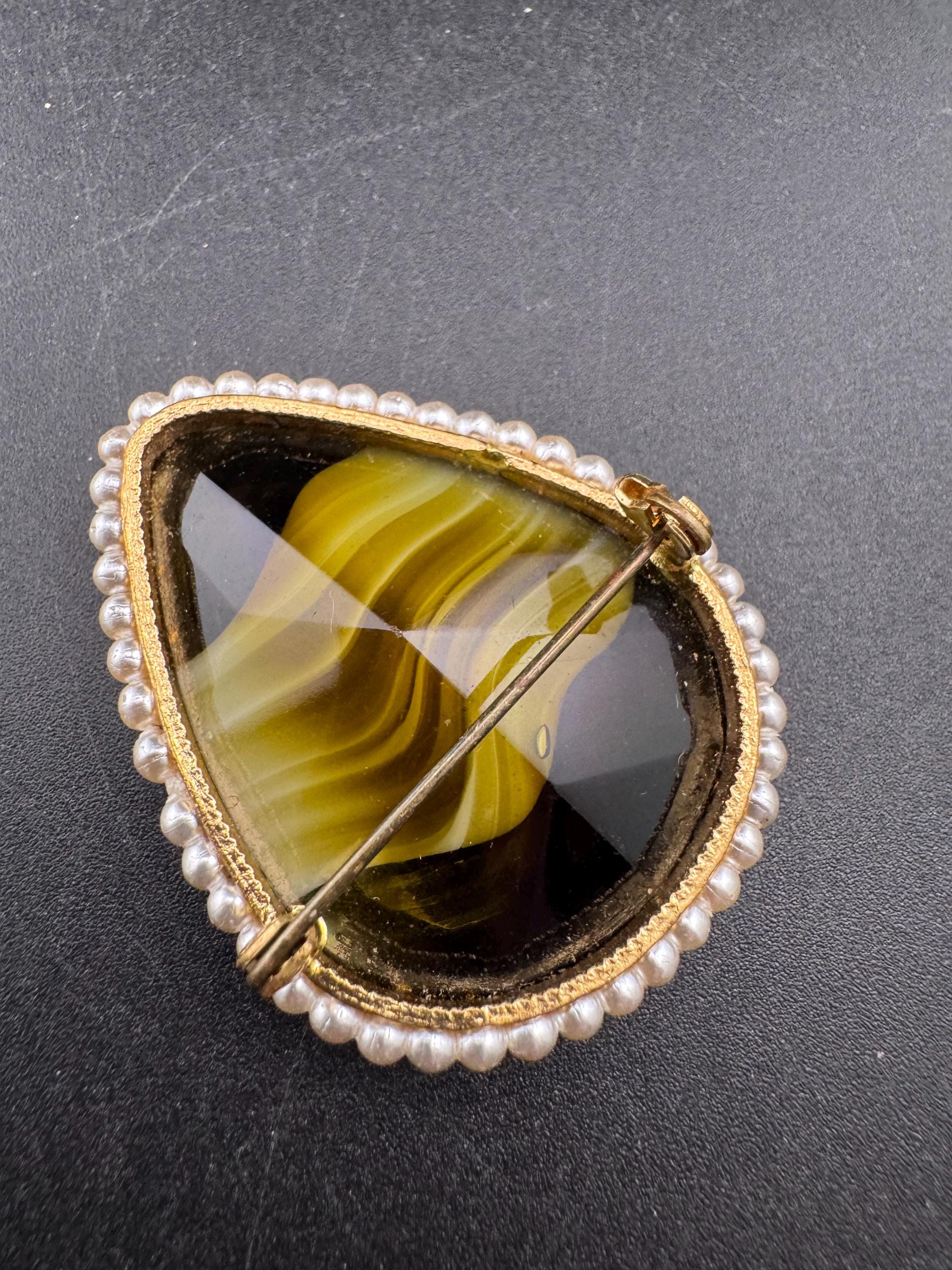 Vintage Oversized khaki green Celtic Brooch: Faux Agate Givre Glass, 1960s
