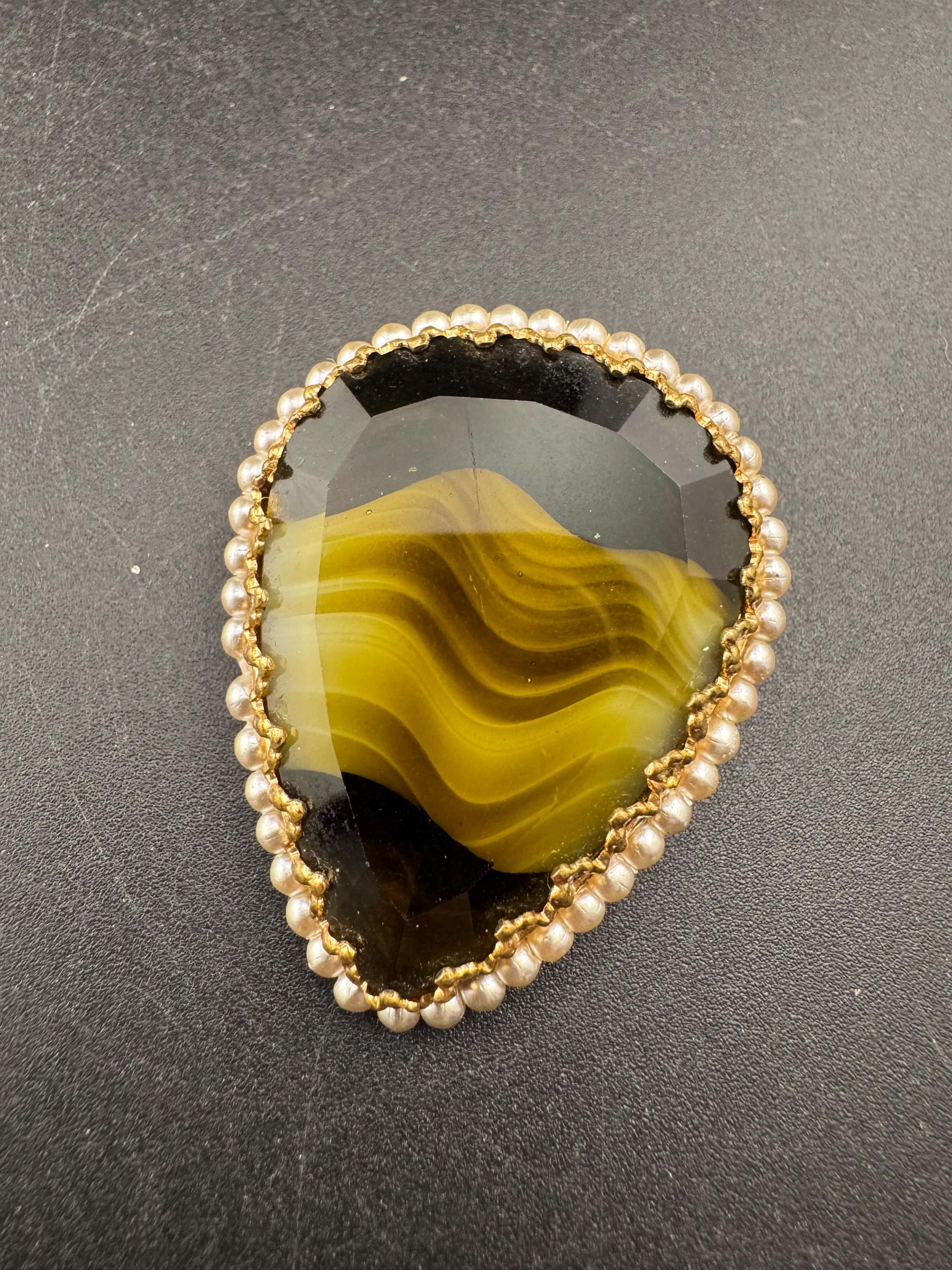 Vintage Oversized khaki green Celtic Brooch: Faux Agate Givre Glass, 1960s