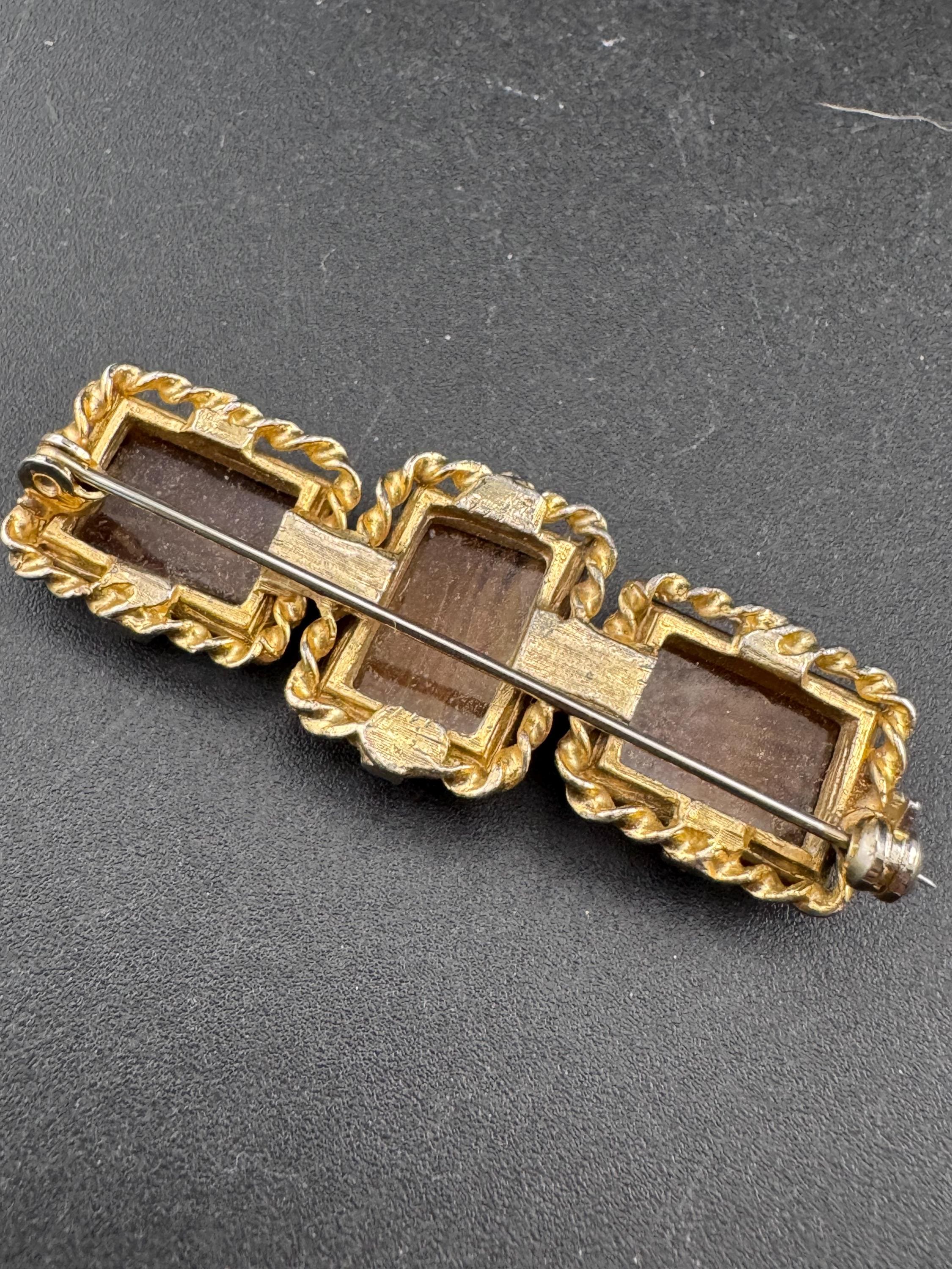 Vintage geometric triple panel  Brooch: Faux Agate Givre Glass, 1960s