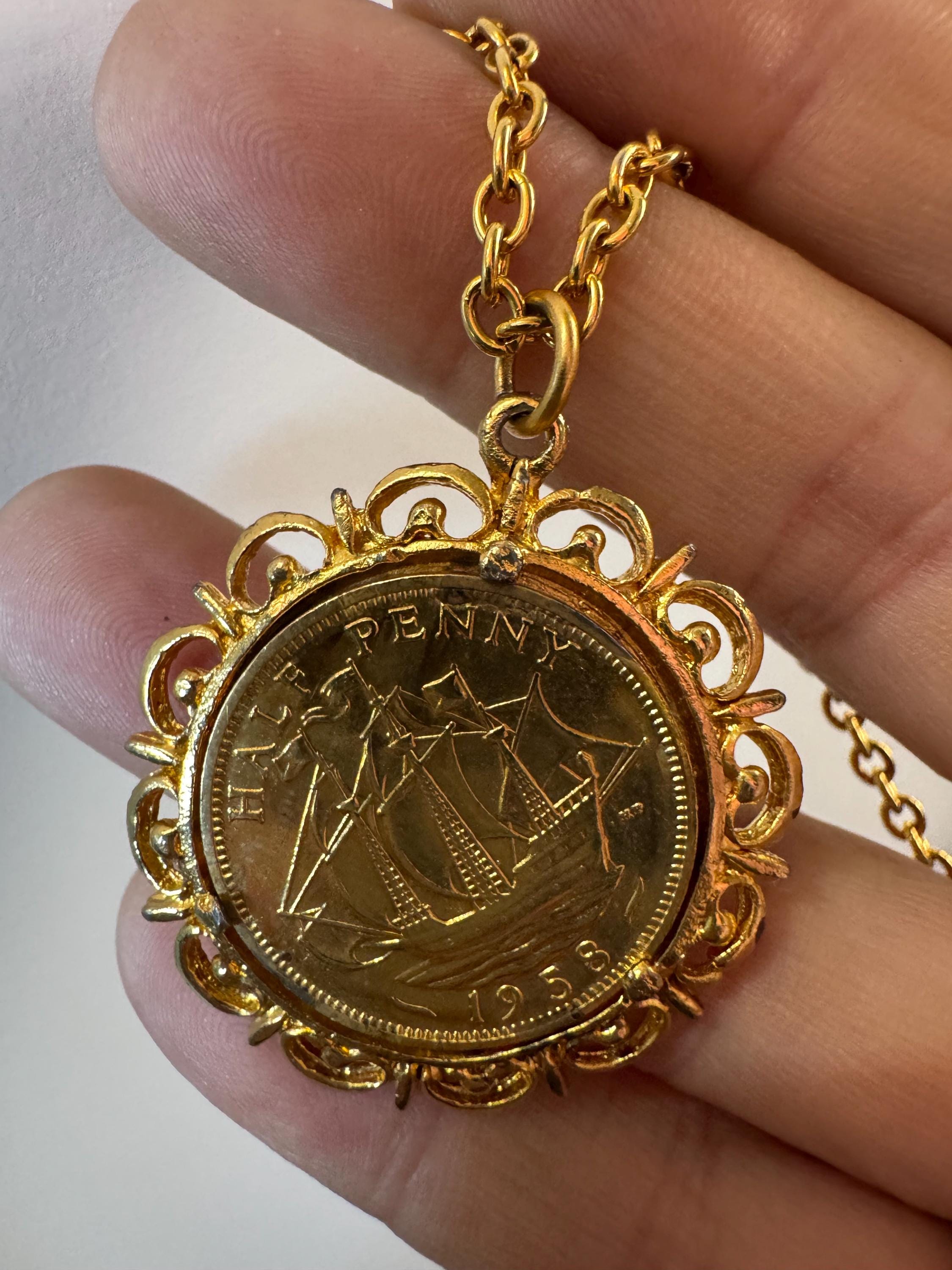 Vintage half penny coin pendant necklace , gold tone