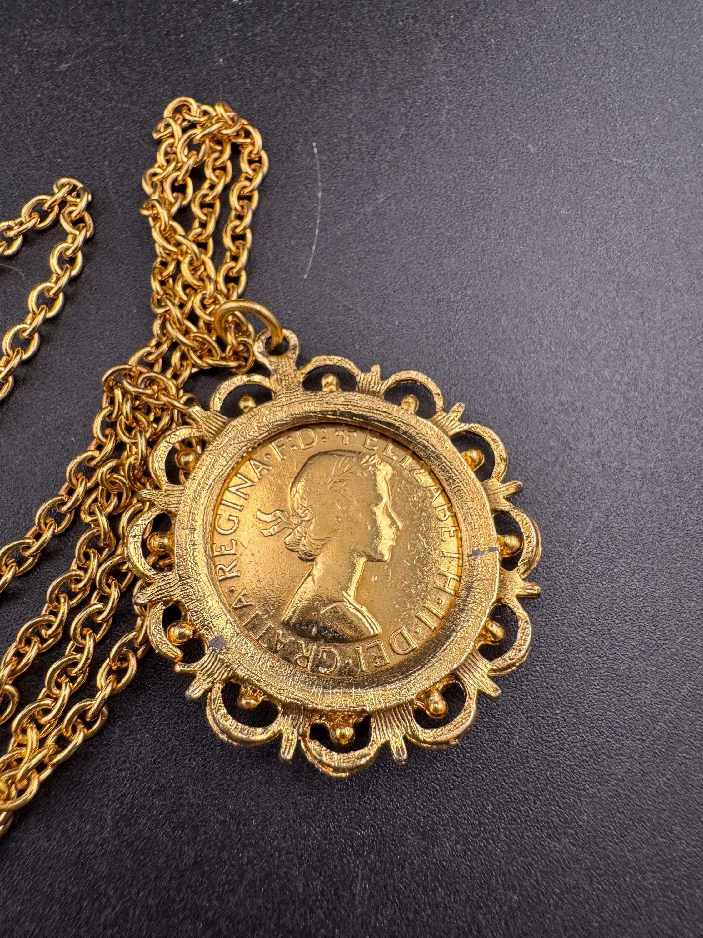 Vintage half penny coin pendant necklace , gold tone