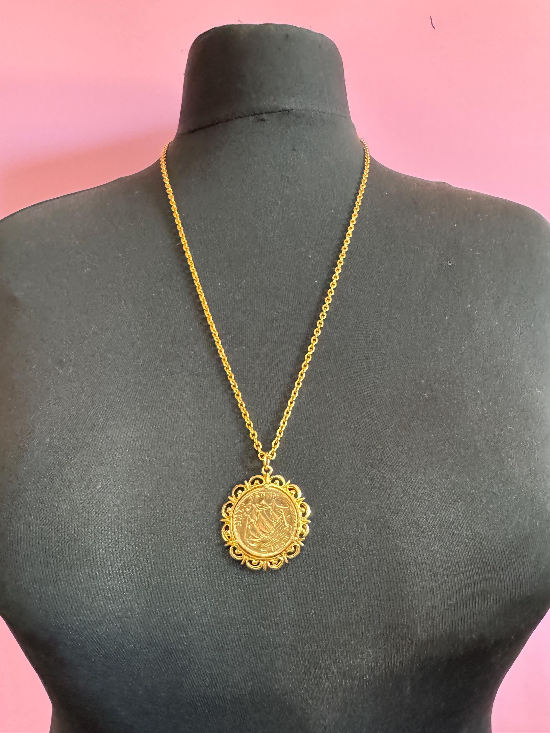 Vintage half penny coin pendant necklace , gold tone