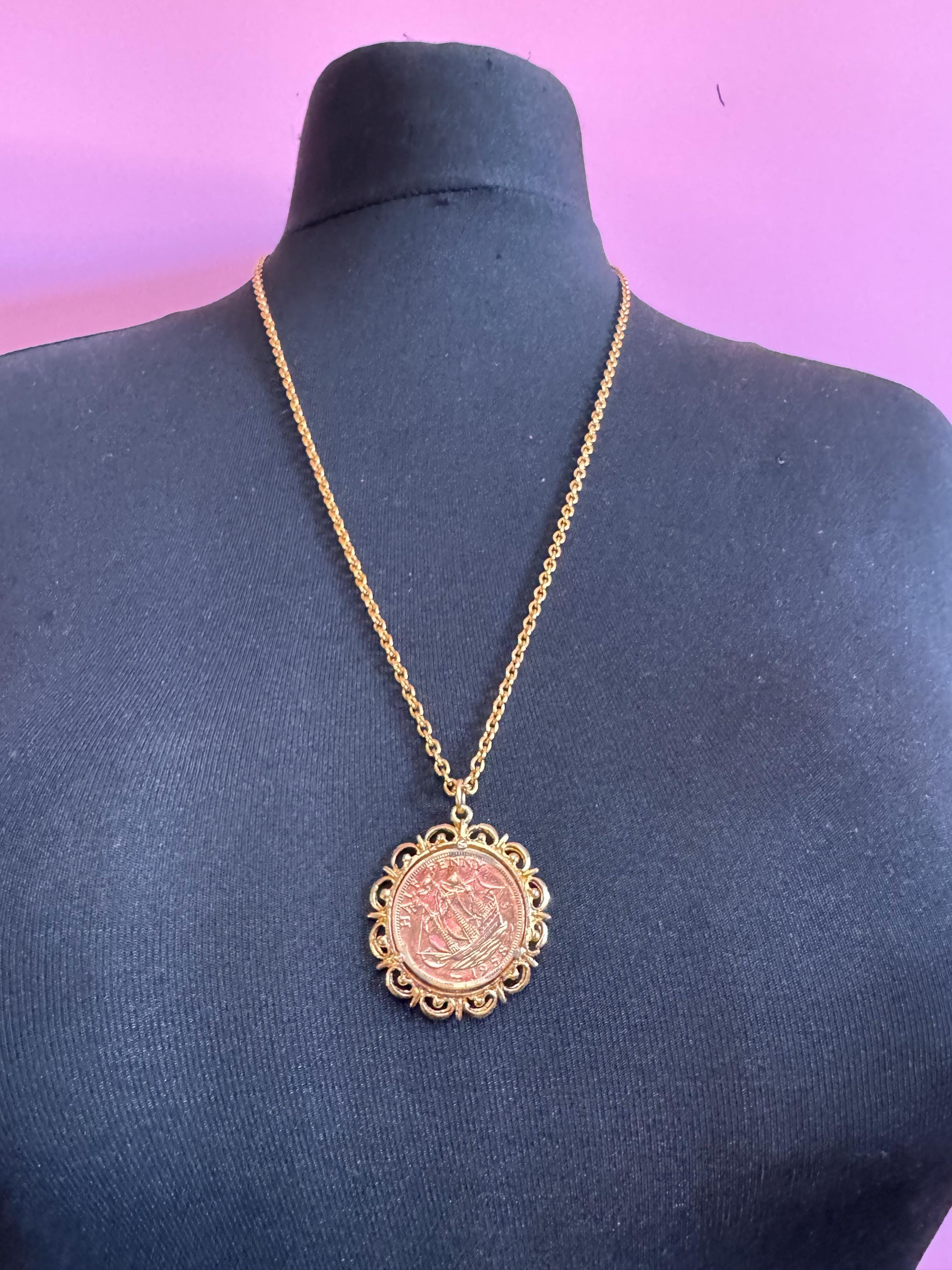 Vintage half penny coin pendant necklace , gold tone