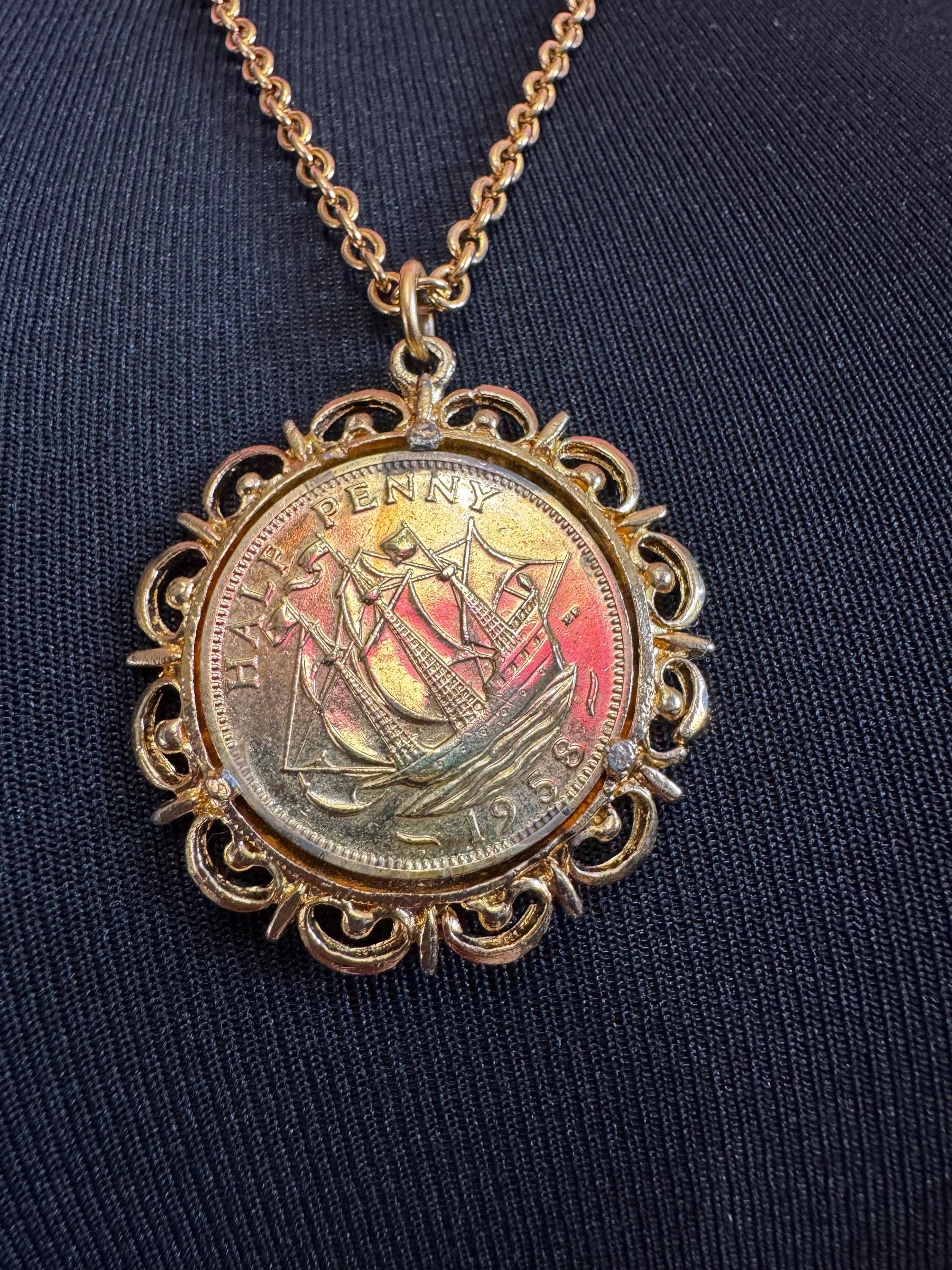 Vintage half penny coin pendant necklace , gold tone