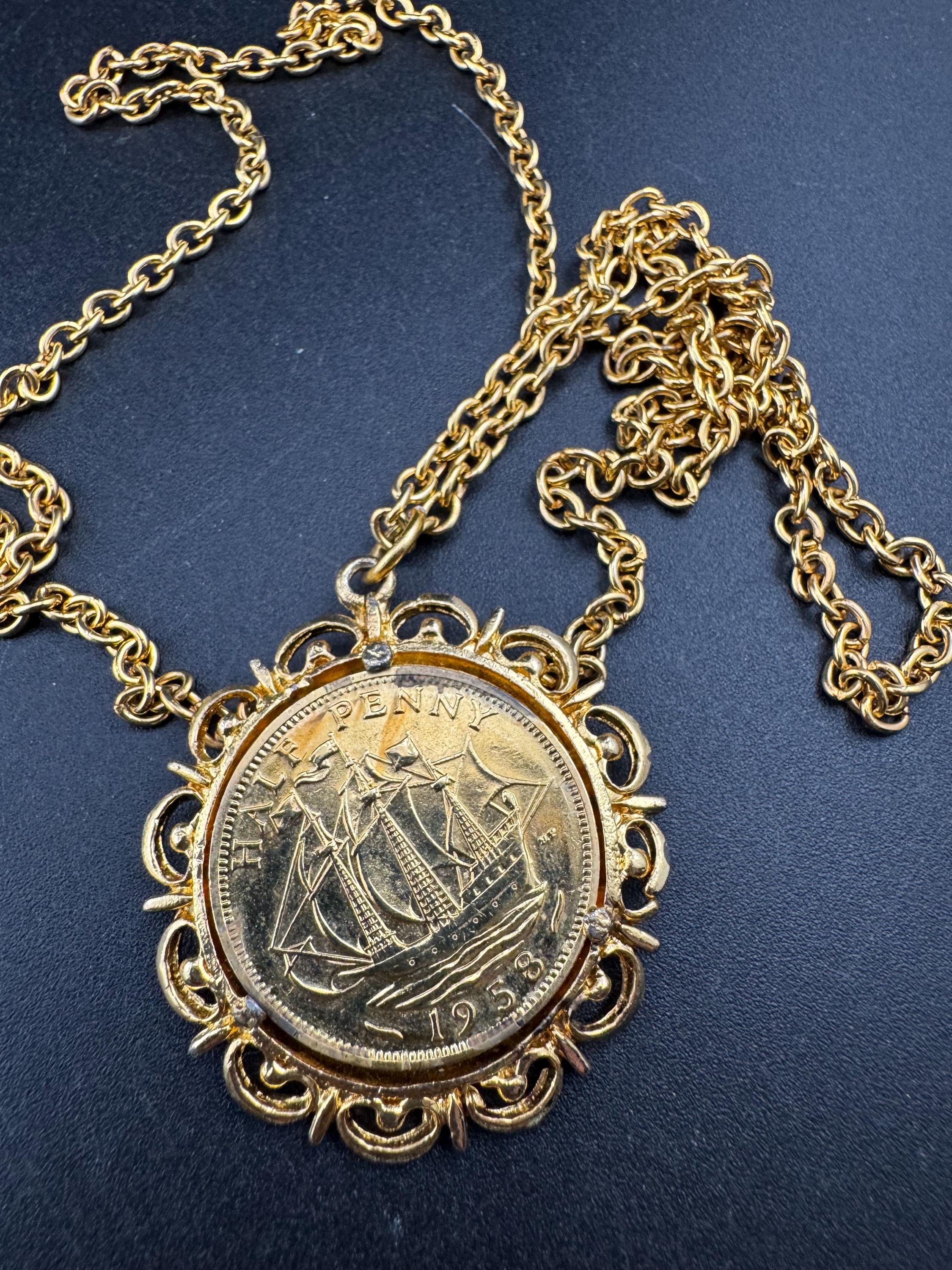 Vintage half penny coin pendant necklace , gold tone
