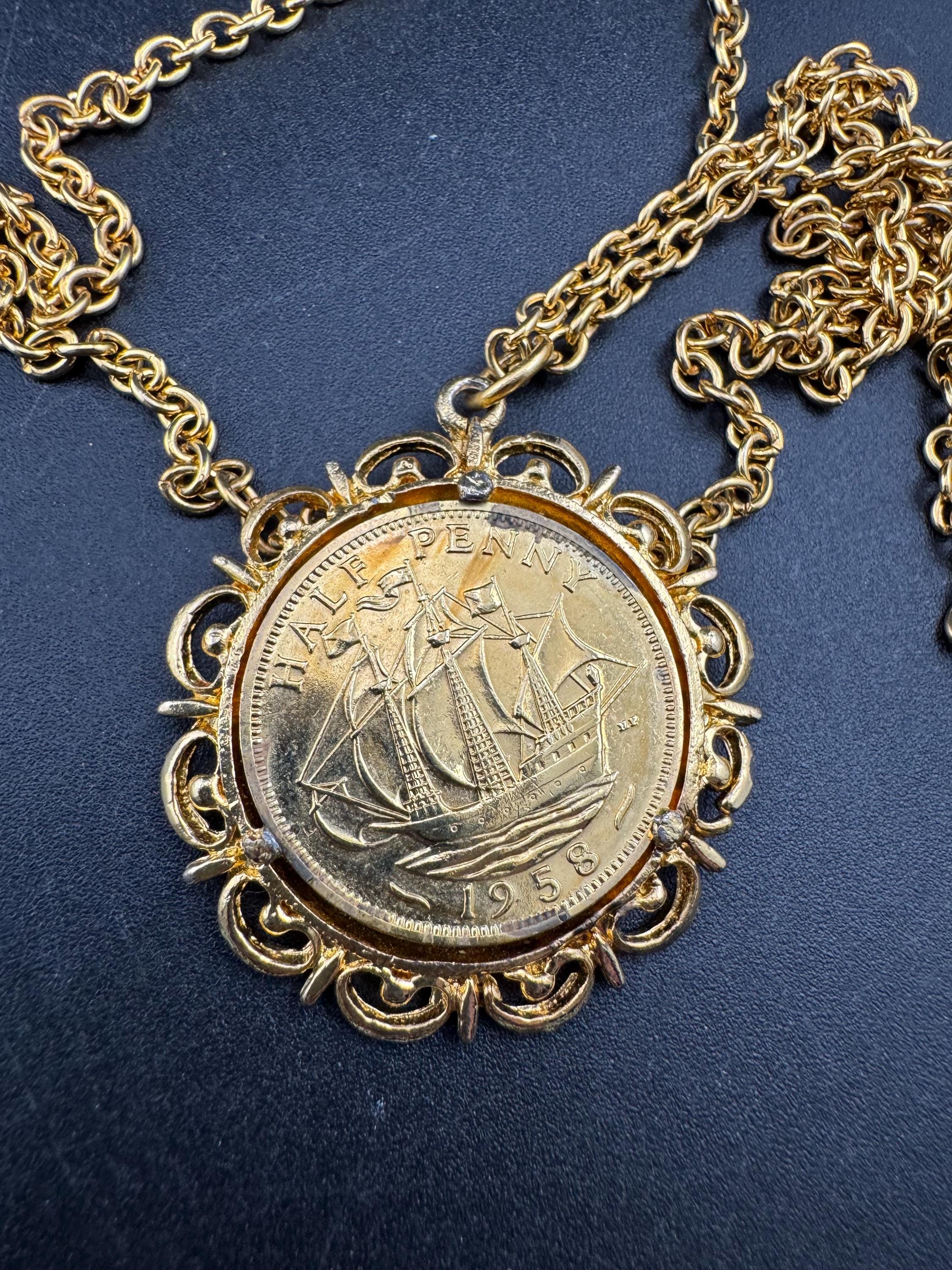 Vintage half penny coin pendant necklace , gold tone