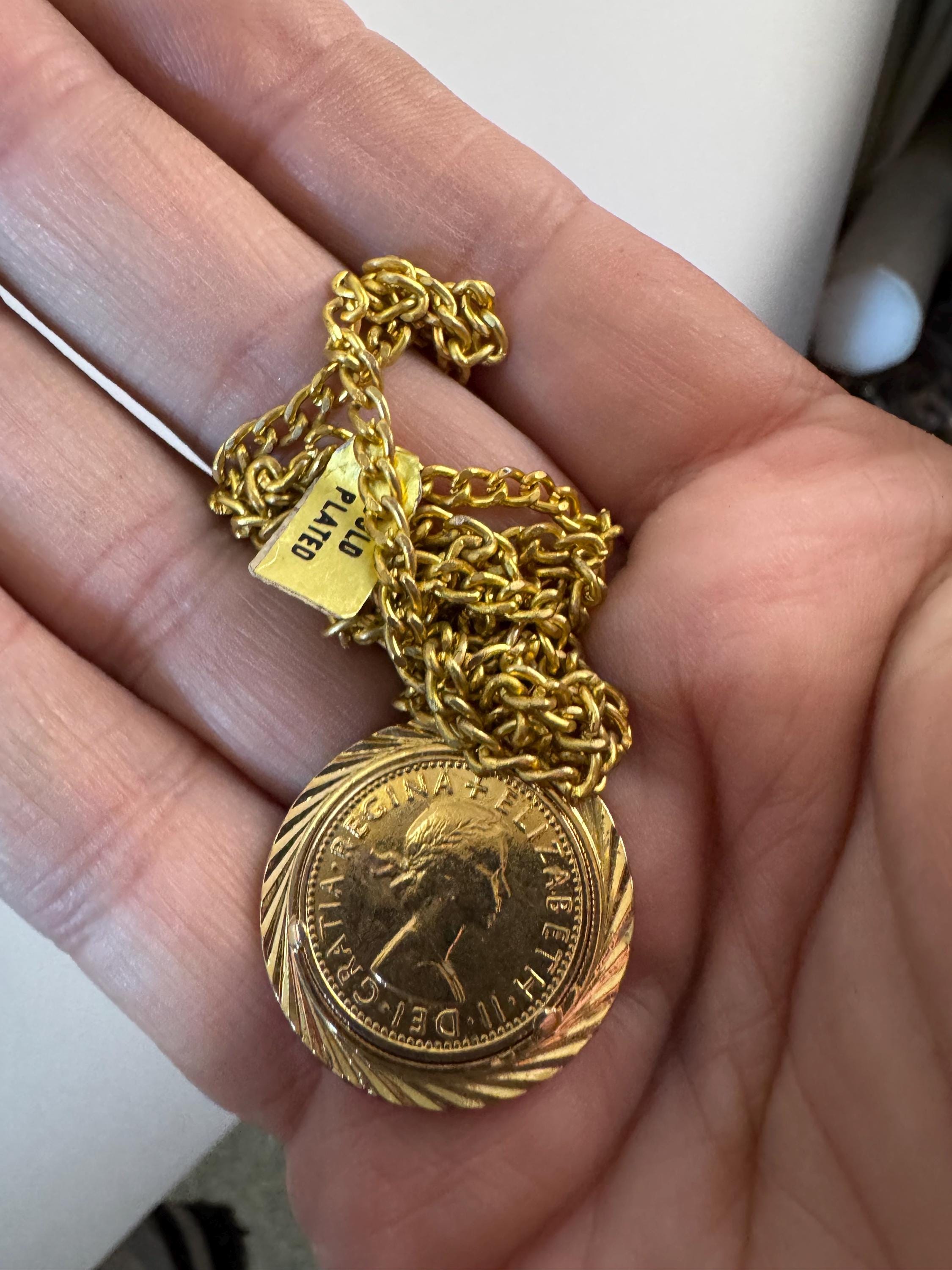 Vintage coin pendant necklace , gold tone circa 1970s