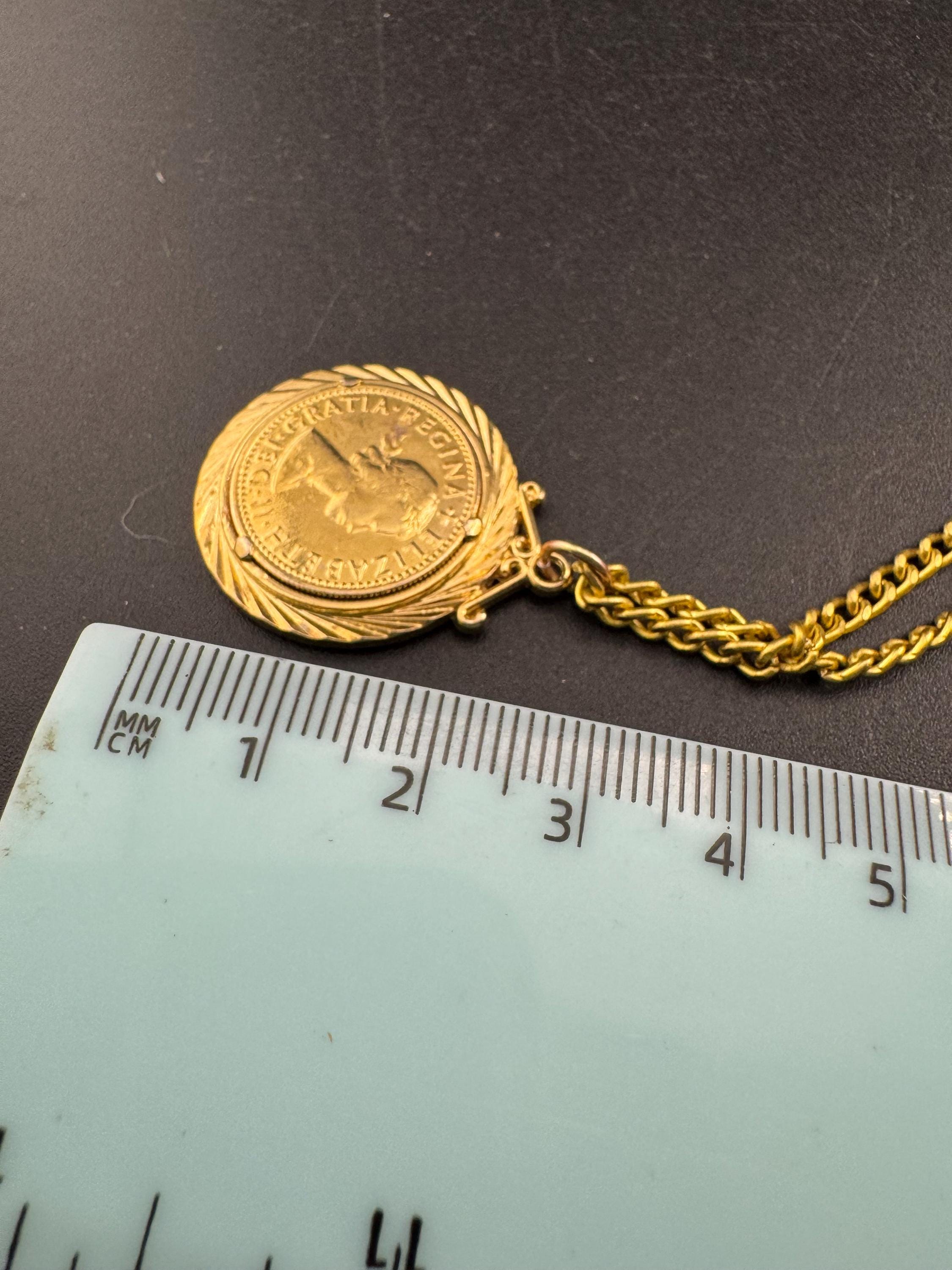 Vintage coin pendant necklace , gold tone circa 1970s