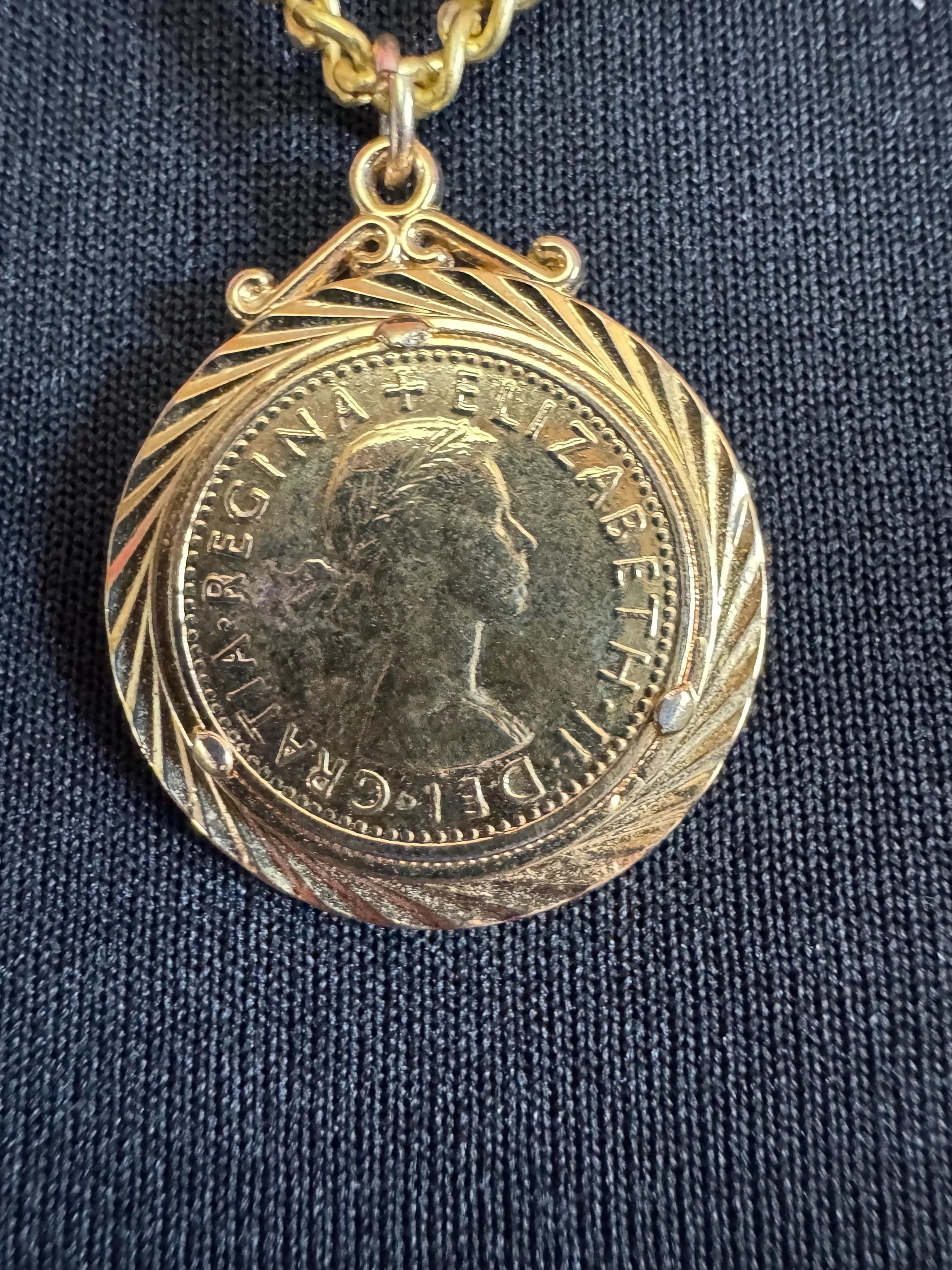 Vintage coin pendant necklace , gold tone circa 1970s