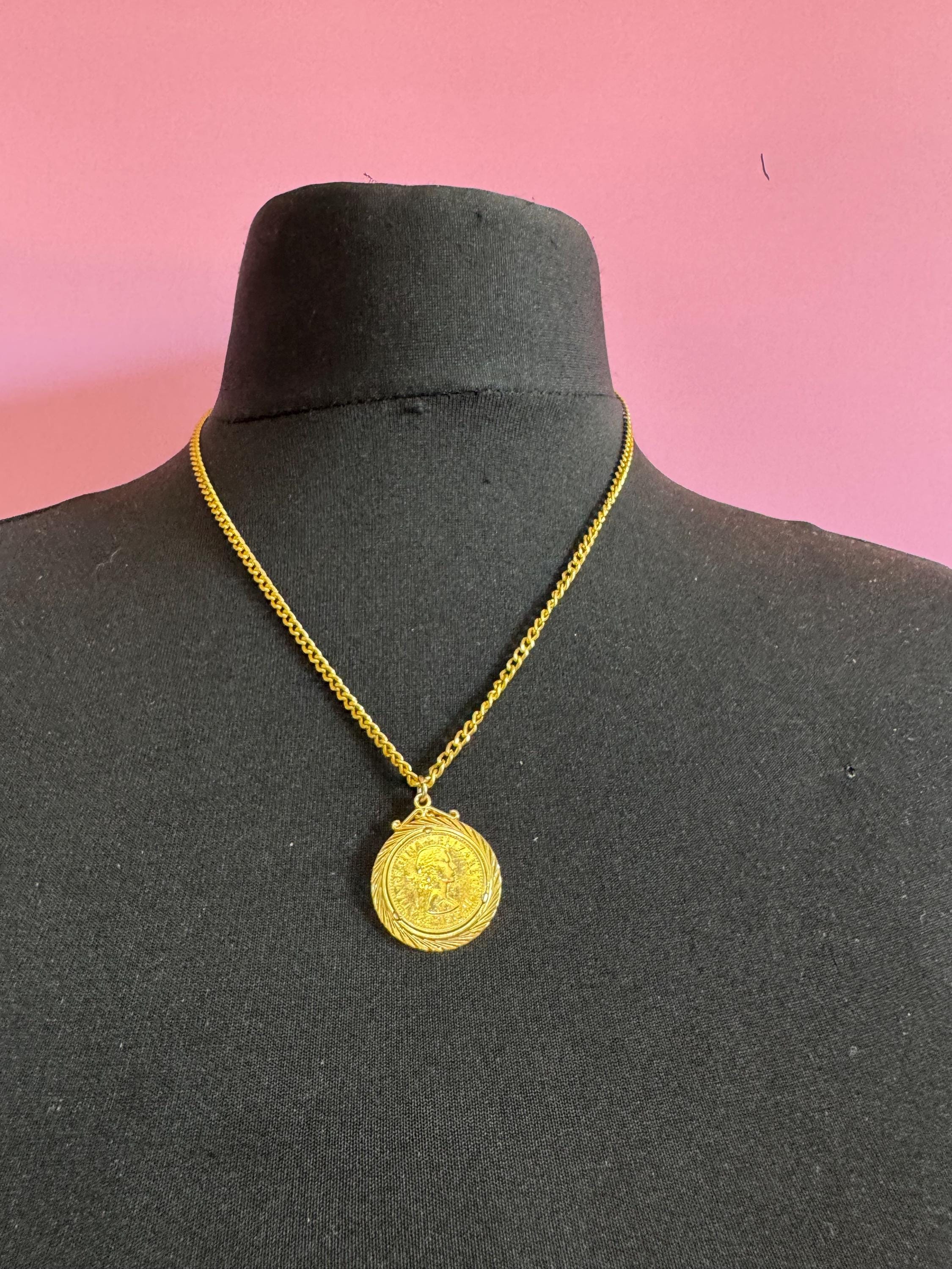 Vintage coin pendant necklace , gold tone circa 1970s
