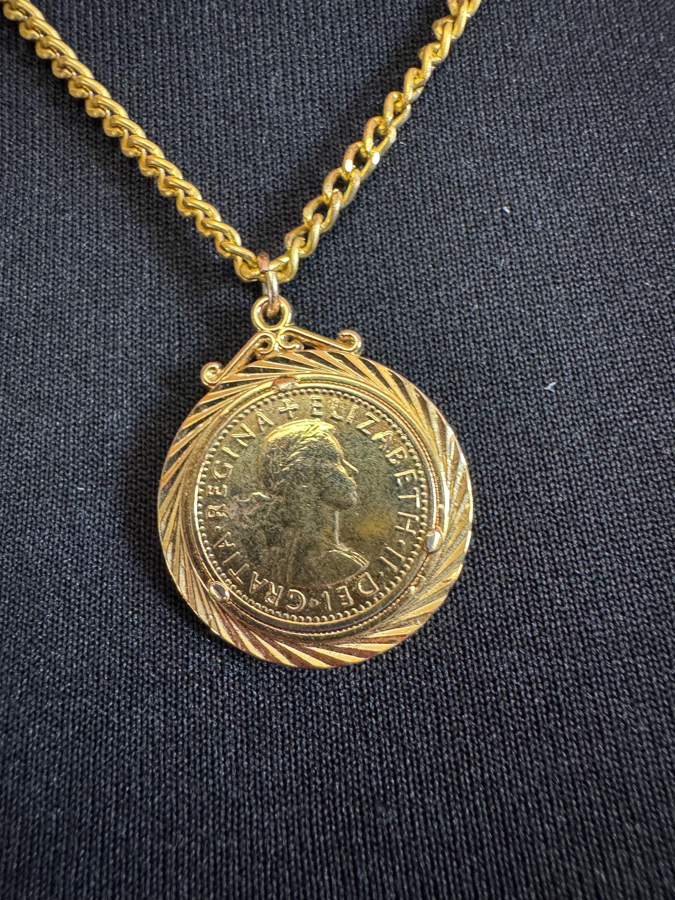 Vintage coin pendant necklace , gold tone circa 1970s