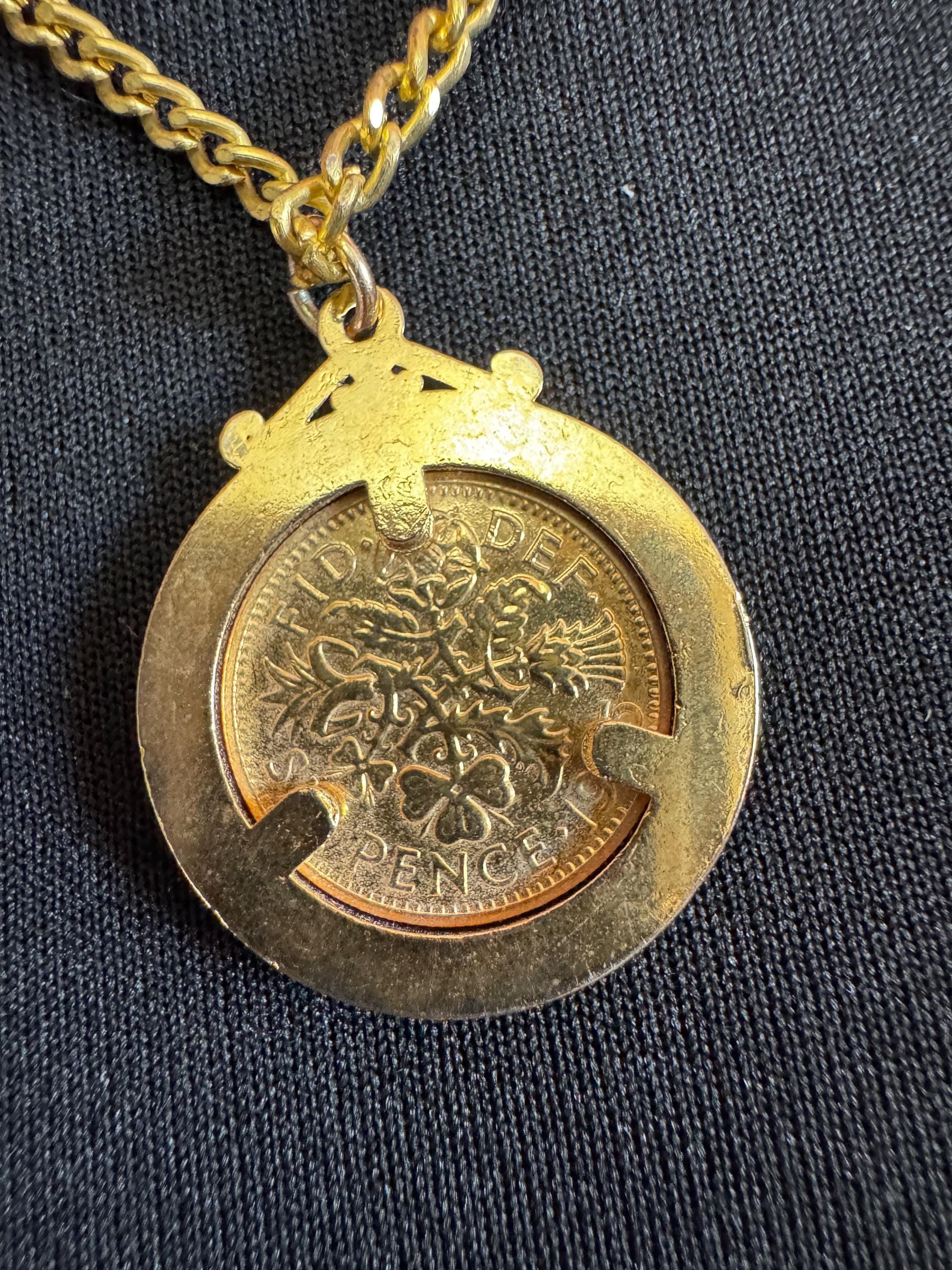 Vintage coin pendant necklace , gold tone circa 1970s