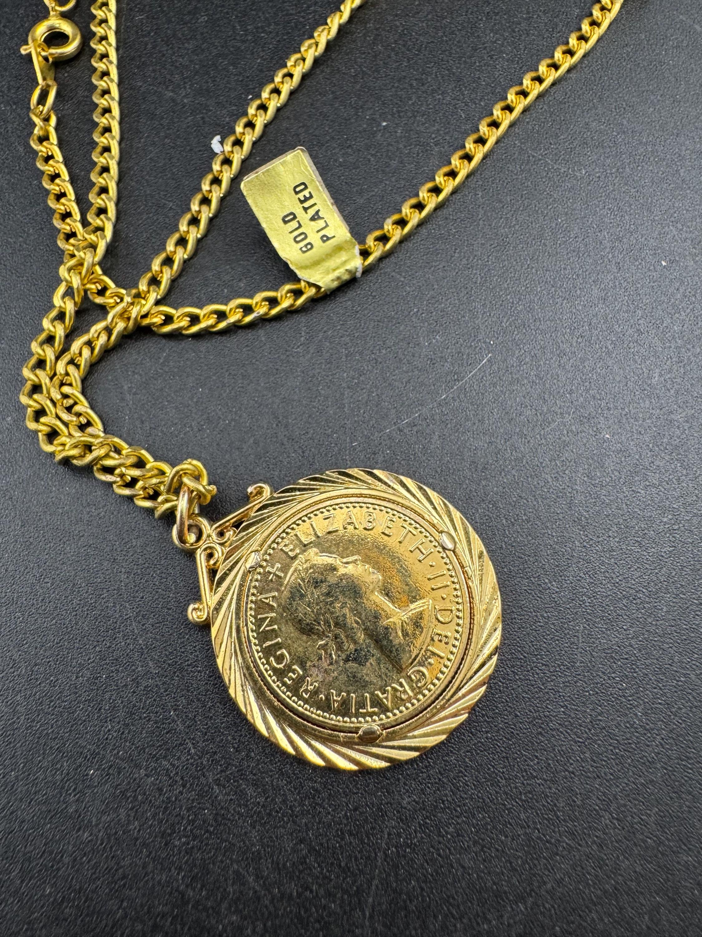 Vintage coin pendant necklace , gold tone circa 1970s