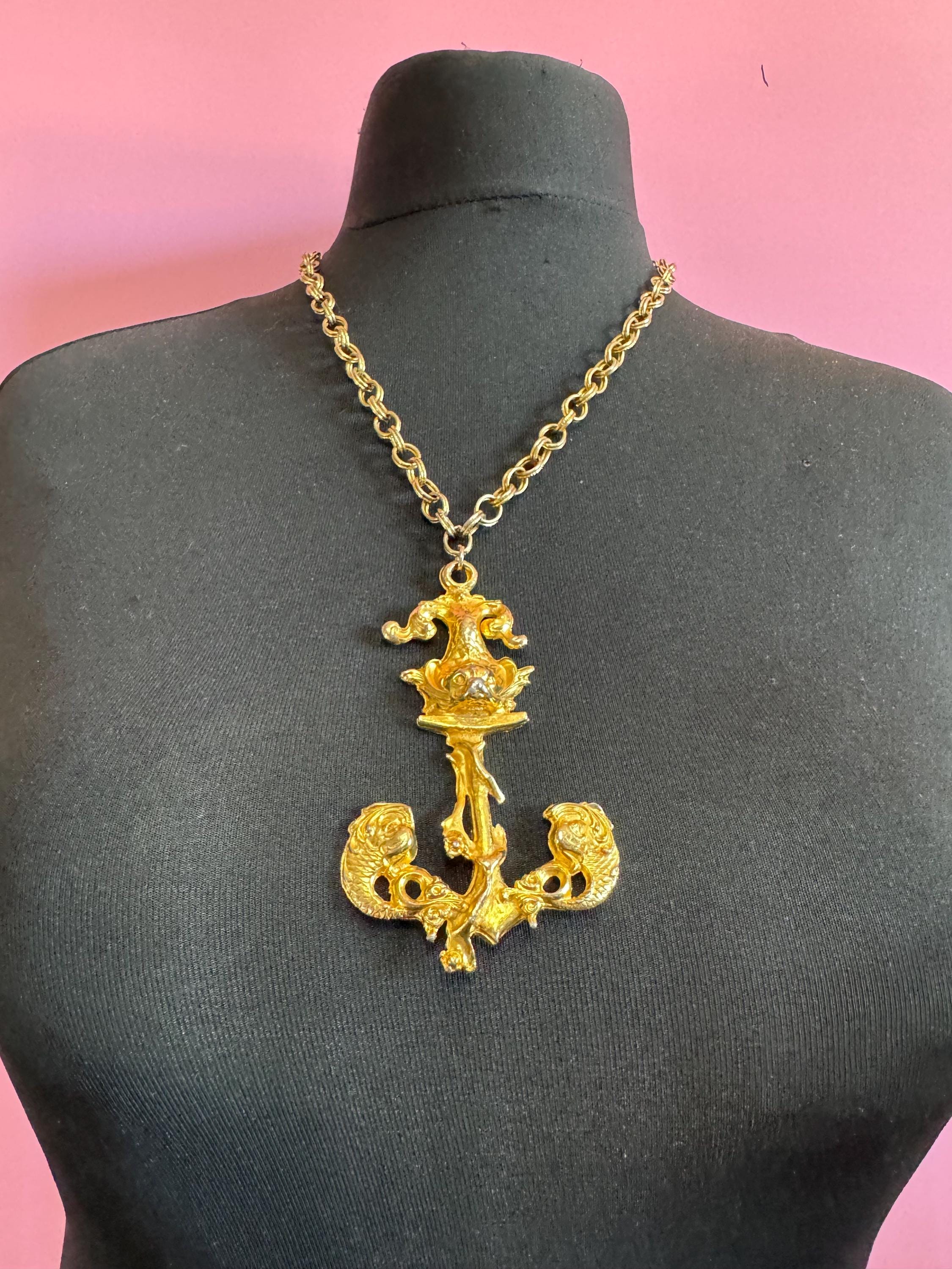vintage oversized nautical anchor pendant necklace on a 60cm chain
