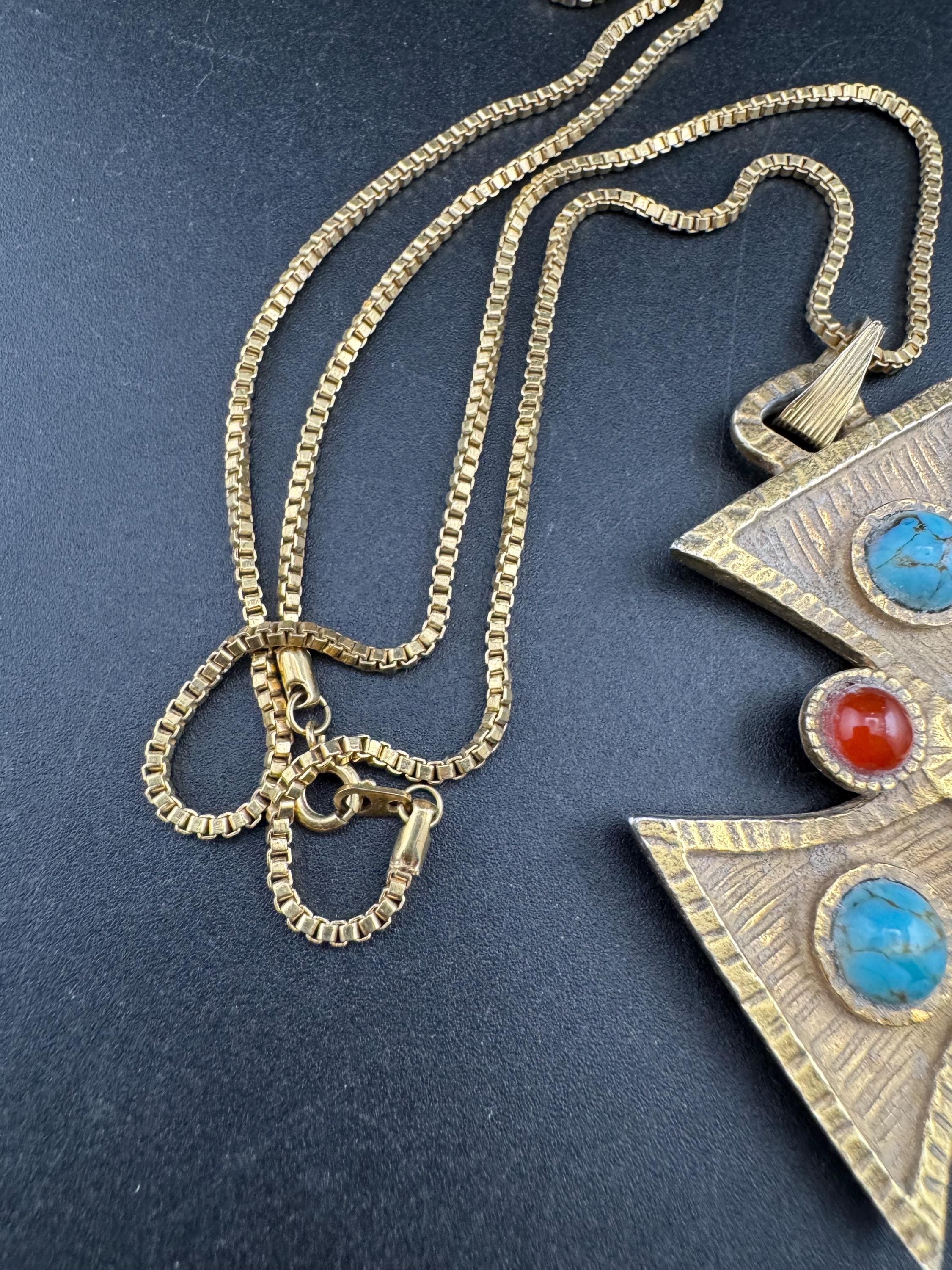 vintage large Maltese cross Pendant necklace, gold tone with faux gemstones 1970s