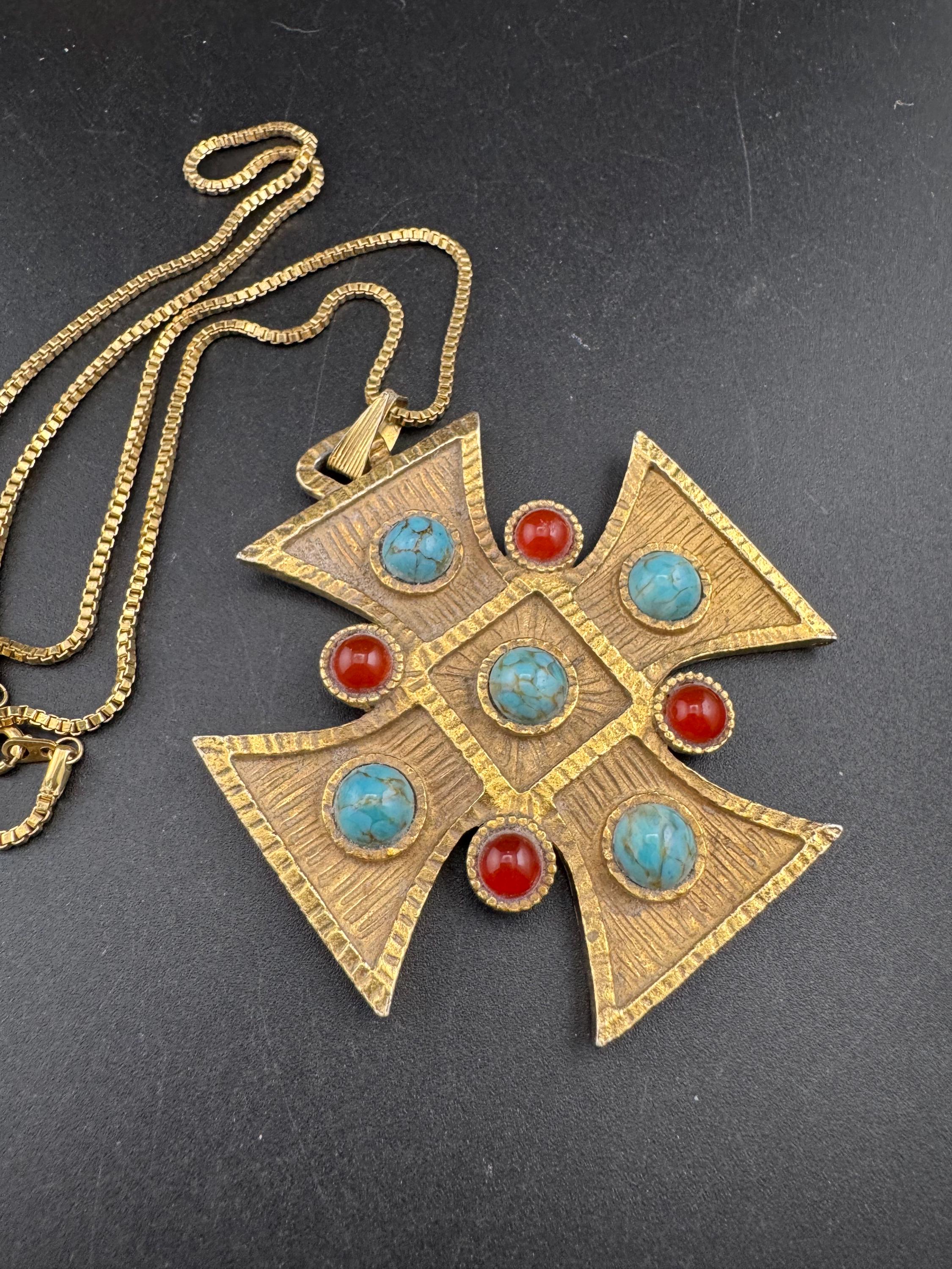 vintage large Maltese cross Pendant necklace, gold tone with faux gemstones 1970s