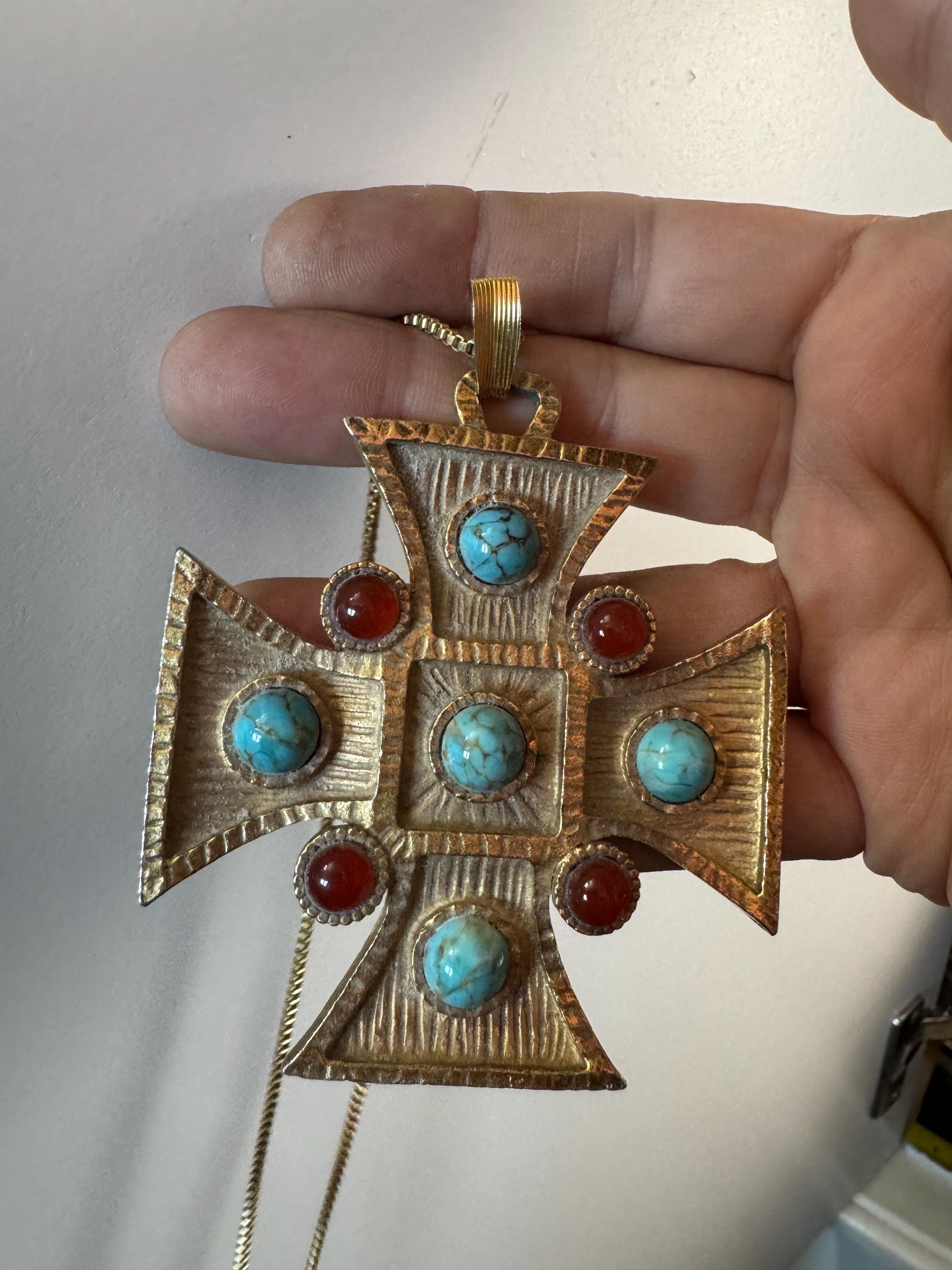 vintage large Maltese cross Pendant necklace, gold tone with faux gemstones 1970s