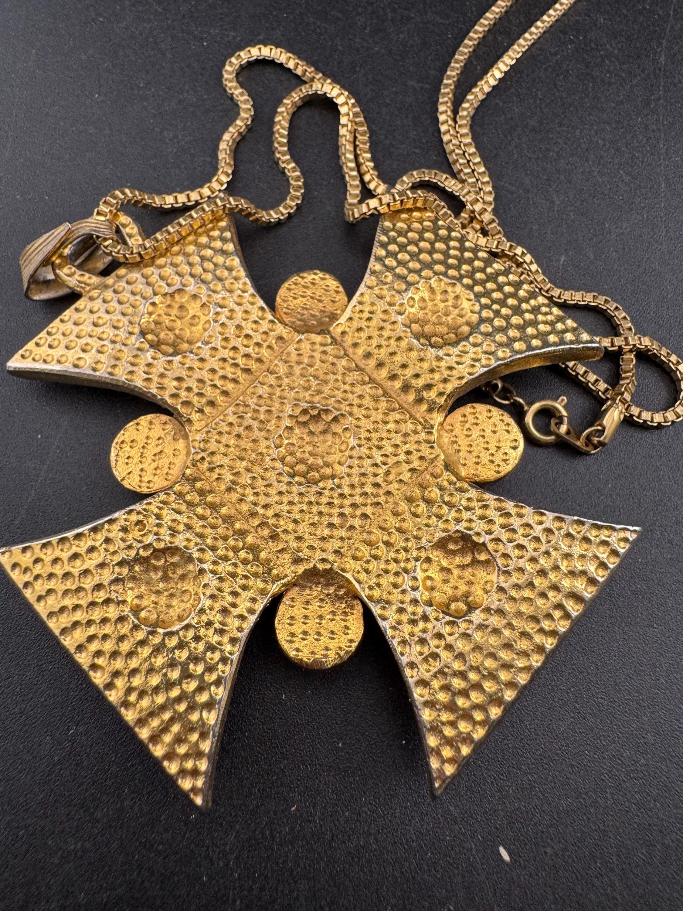vintage large Maltese cross Pendant necklace, gold tone with faux gemstones 1970s