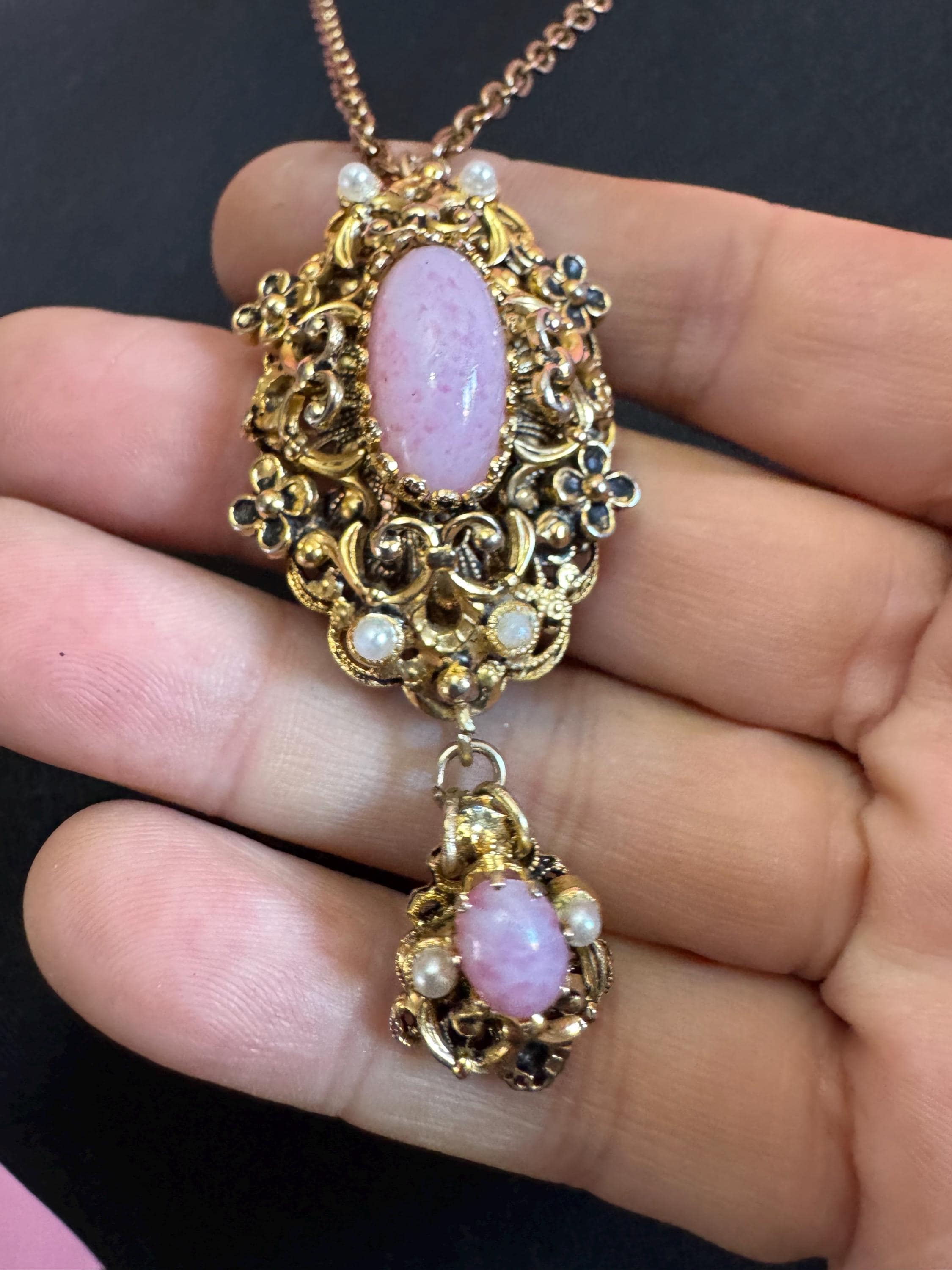 Vintage Czech pink filigree Pendant Necklace, Faux Pearl & glass opaline Cabochon