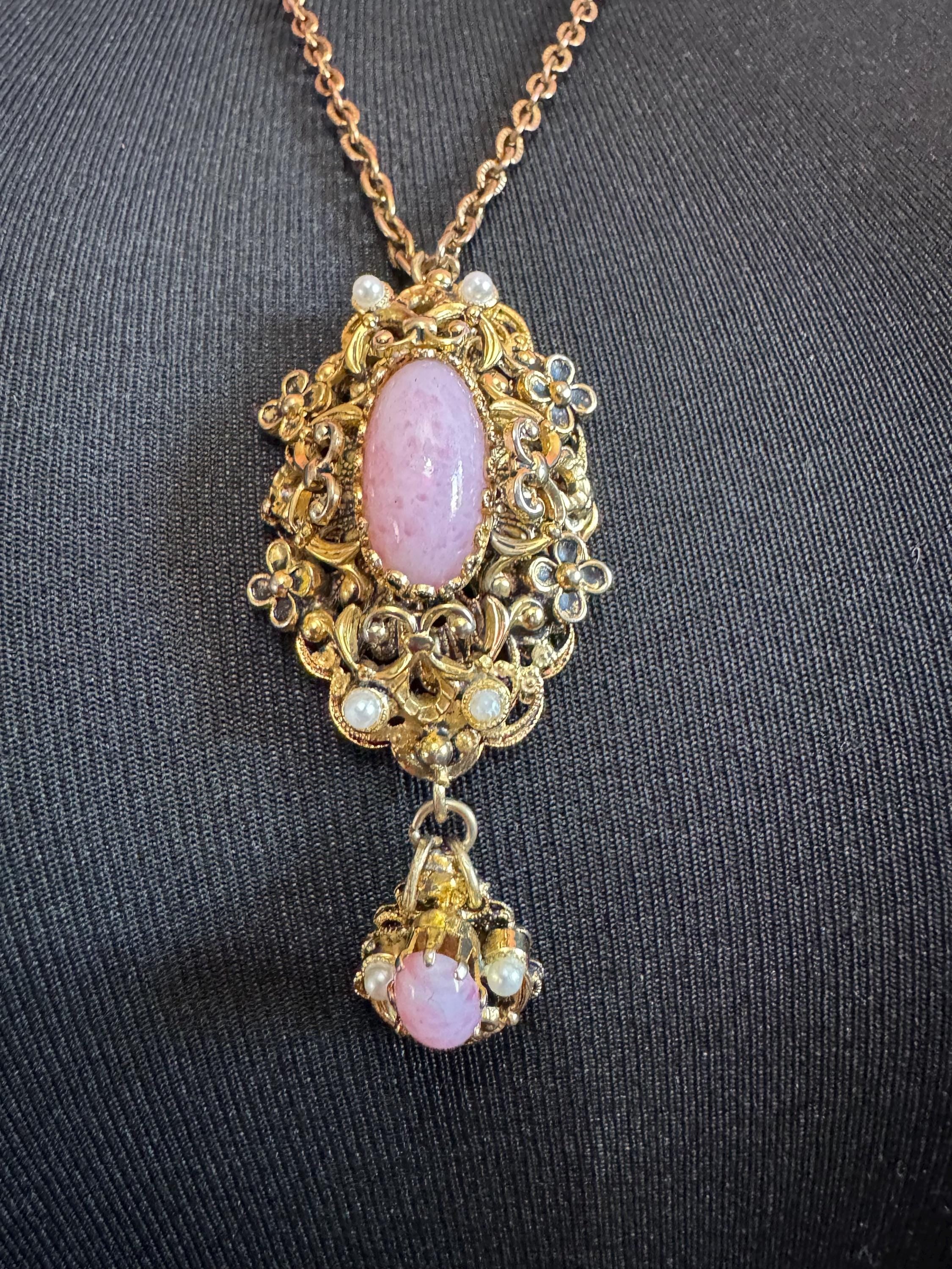 Vintage Czech pink filigree Pendant Necklace, Faux Pearl & glass opaline Cabochon