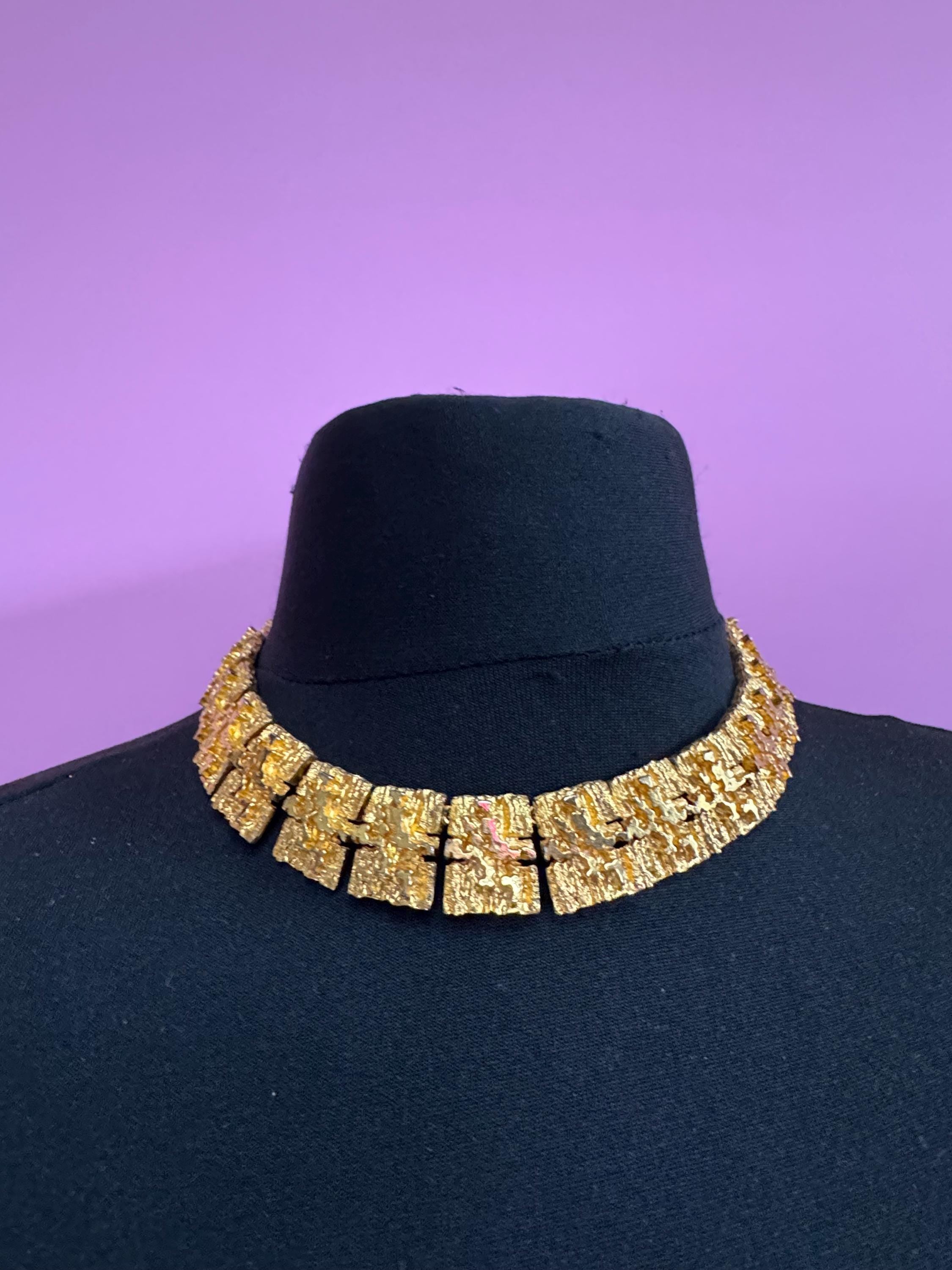 Vintage wide brutalist textured choker necklace, gold tone