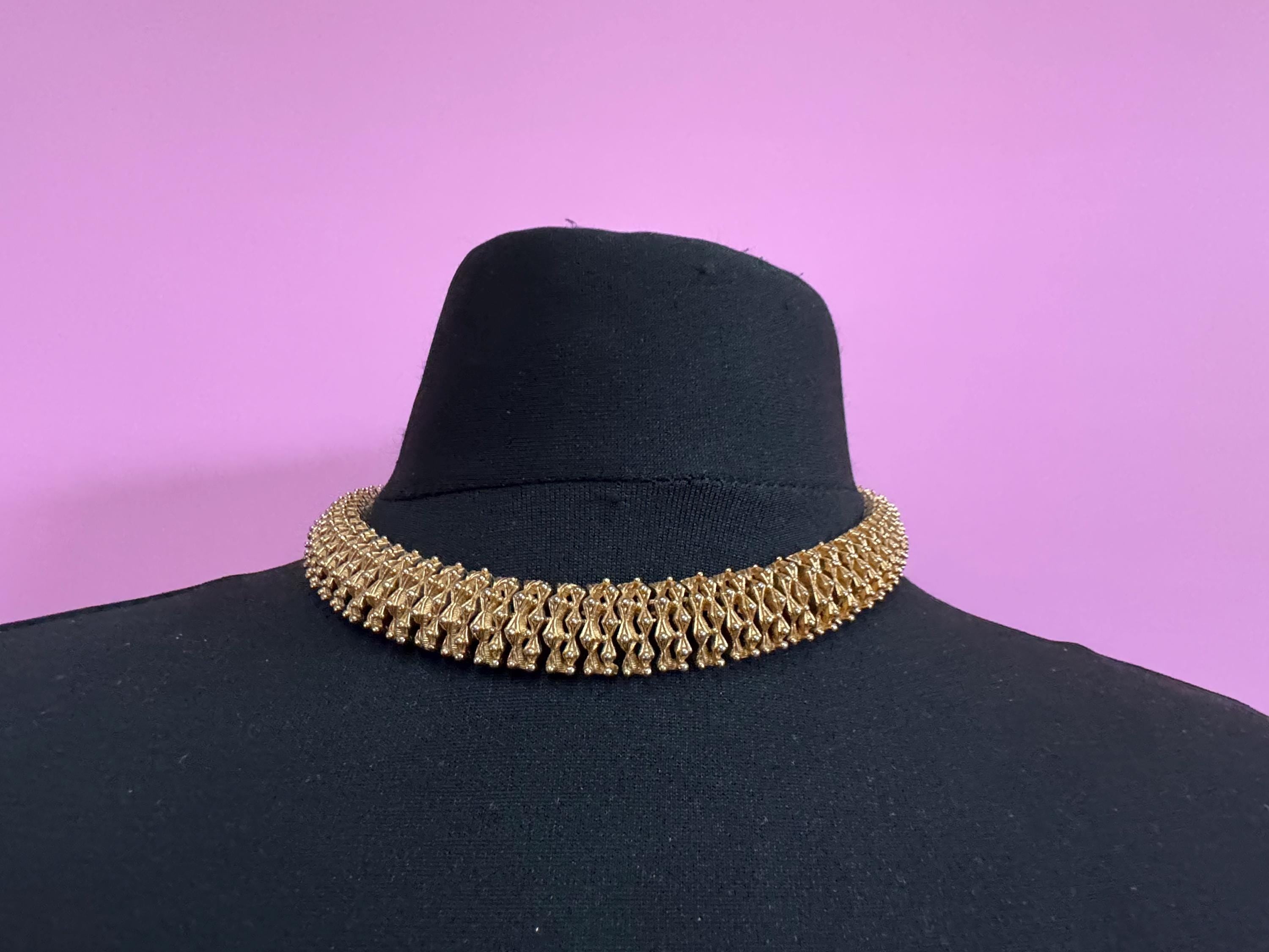 Vintage wide panel link choker necklace adjustable , gold tone ball bead brutalist