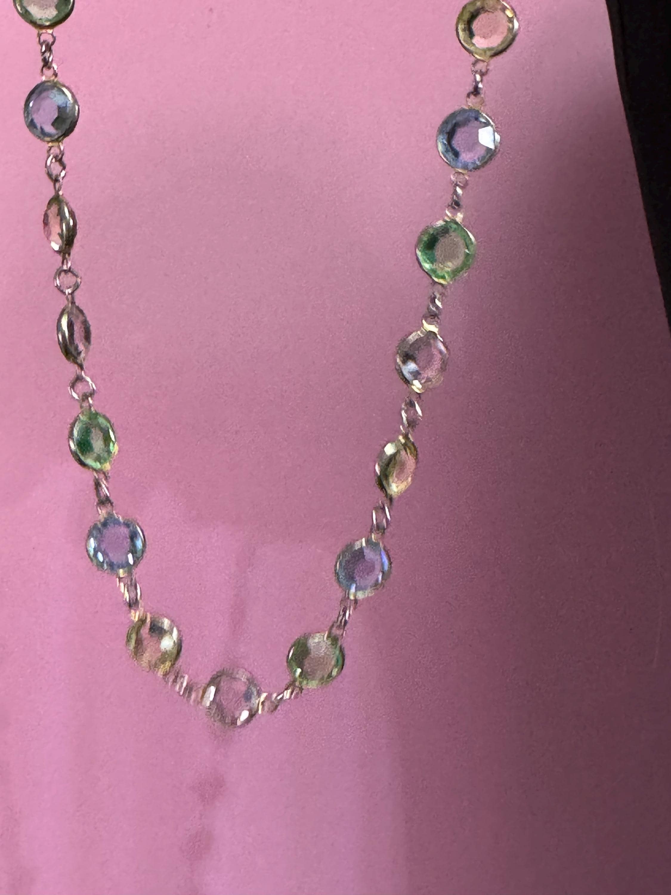 Rivière bezel set pastel glass faceted chain necklace , gold tone
