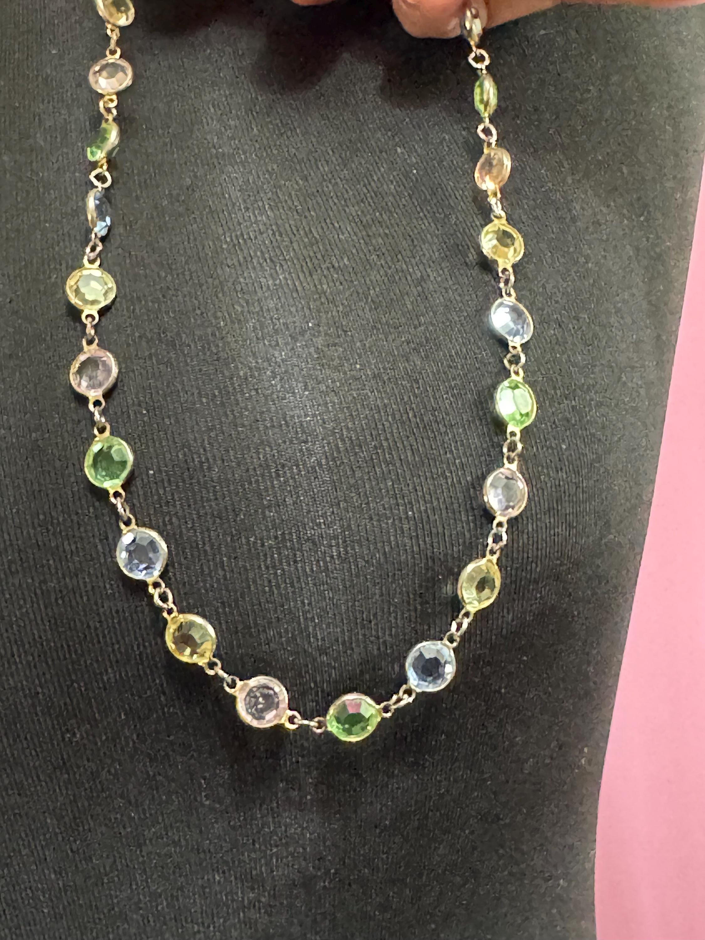 Rivière bezel set pastel glass faceted chain necklace , gold tone