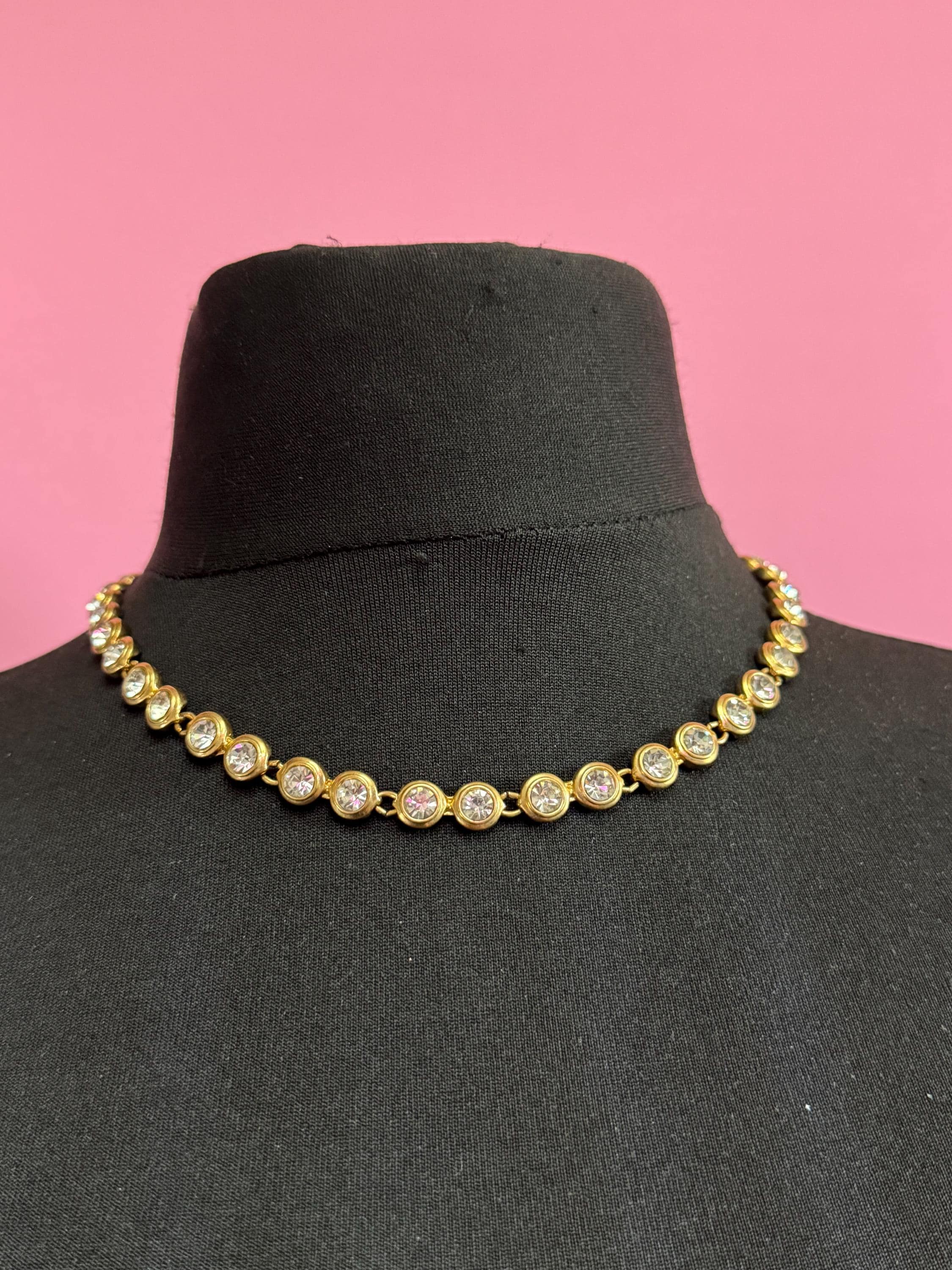 Retro bezel set clear crystal rivière necklace 46cm, gold tone diamanté