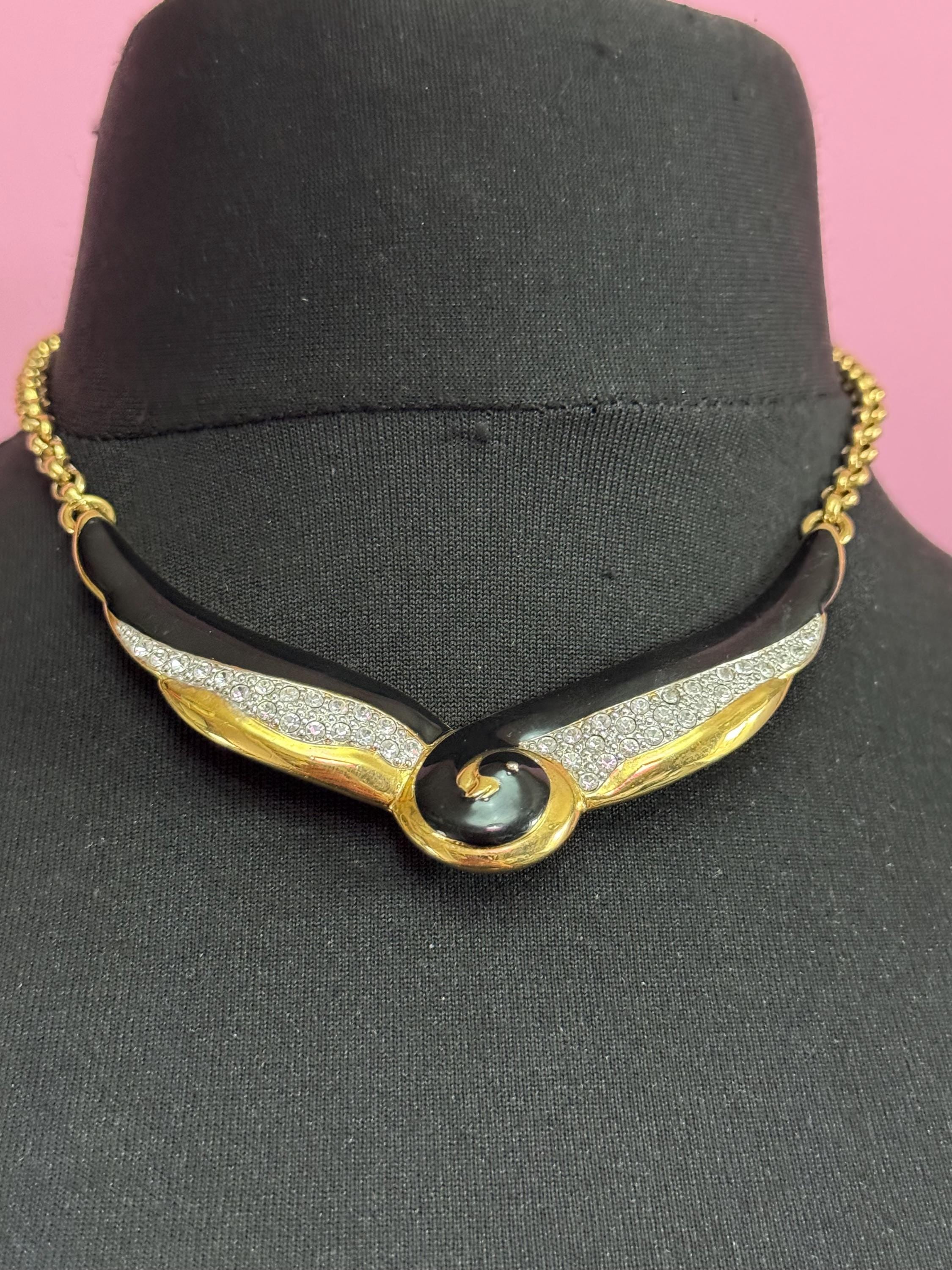 Retro 1980s black enamel diamanté necklace, gold tone chain