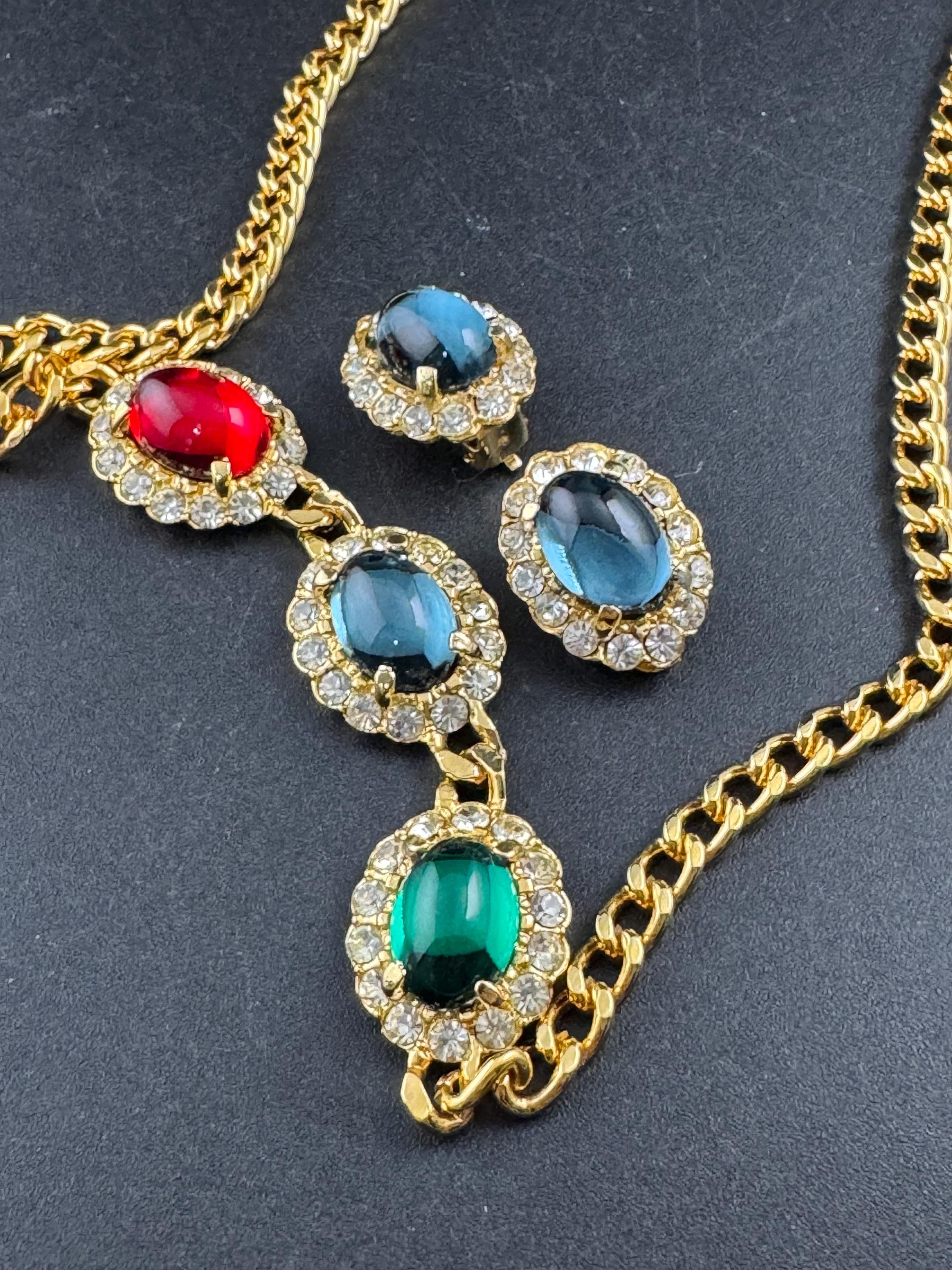 Vintage 1980s Swarovski Choker sapphire earring set, Red, Blue, Green Cabochons & Diamanté