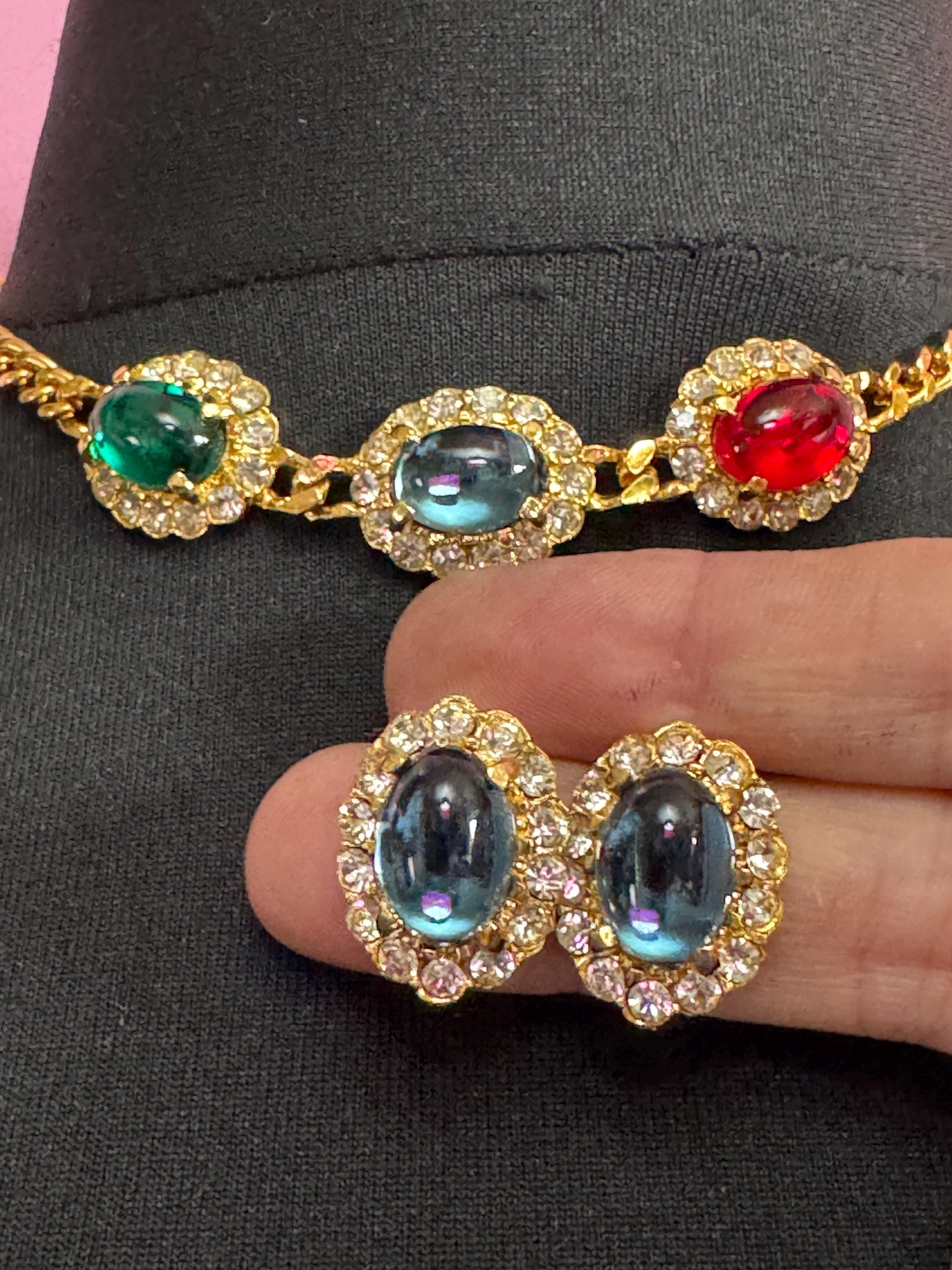 Vintage 1980s Swarovski Choker sapphire earring set, Red, Blue, Green Cabochons & Diamanté