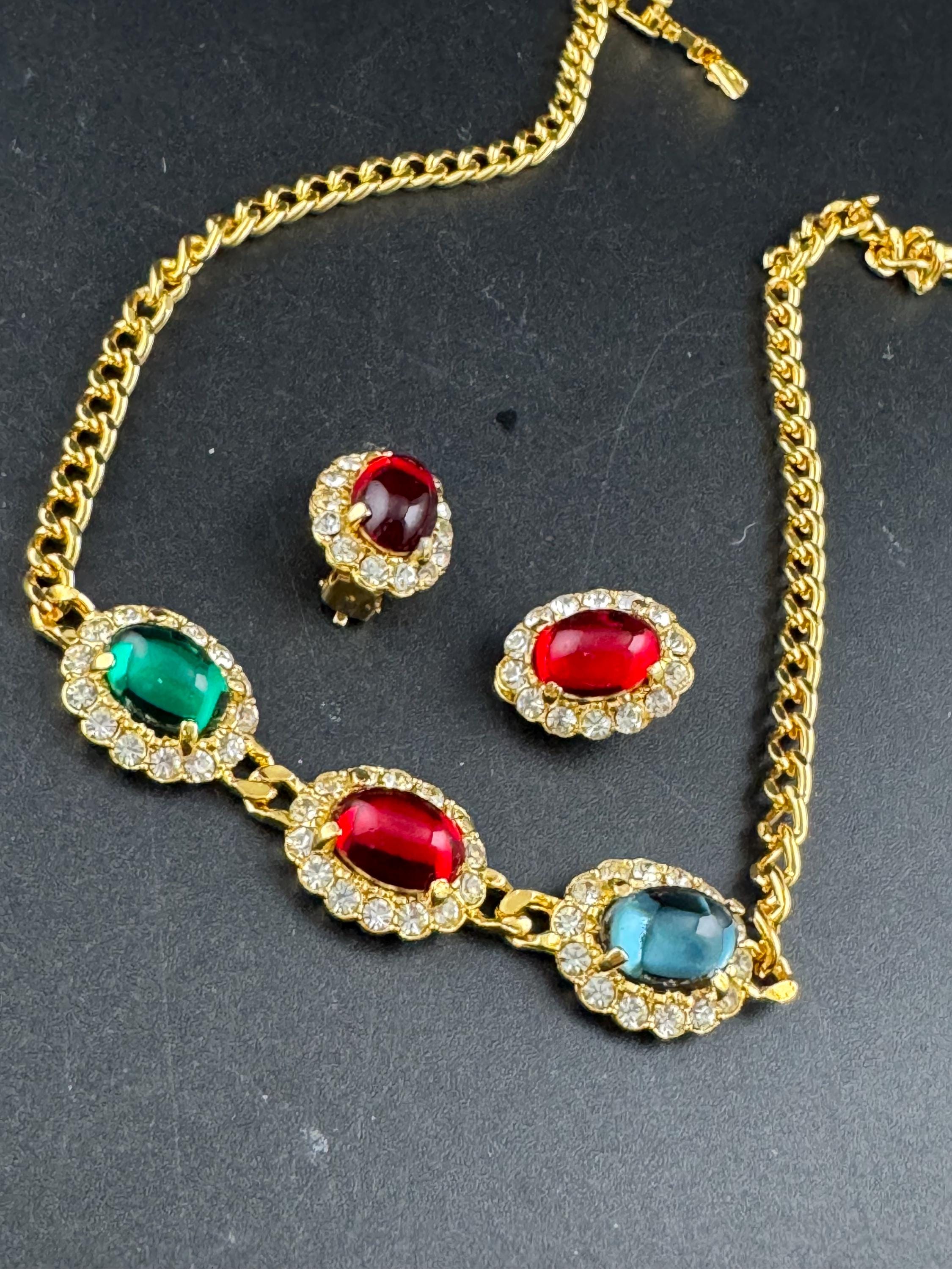 Vintage 1980s Swarovski Choker RUBY earring set, Red, Blue, Green Cabochons & Diamanté