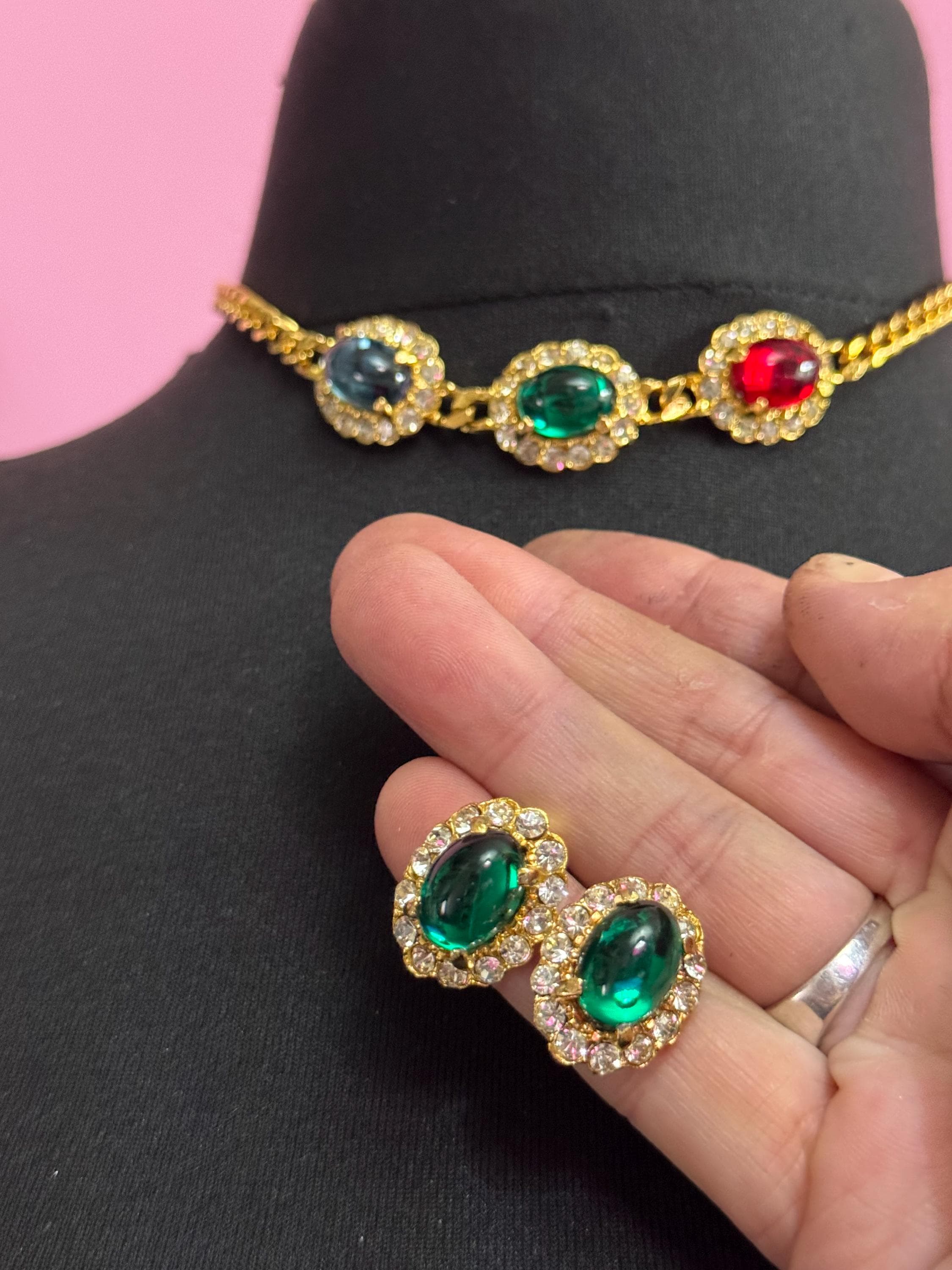 Vintage 1980s Swarovski Choker EMERALD earring set, Red, Blue, Green Cabochons & Diamanté
