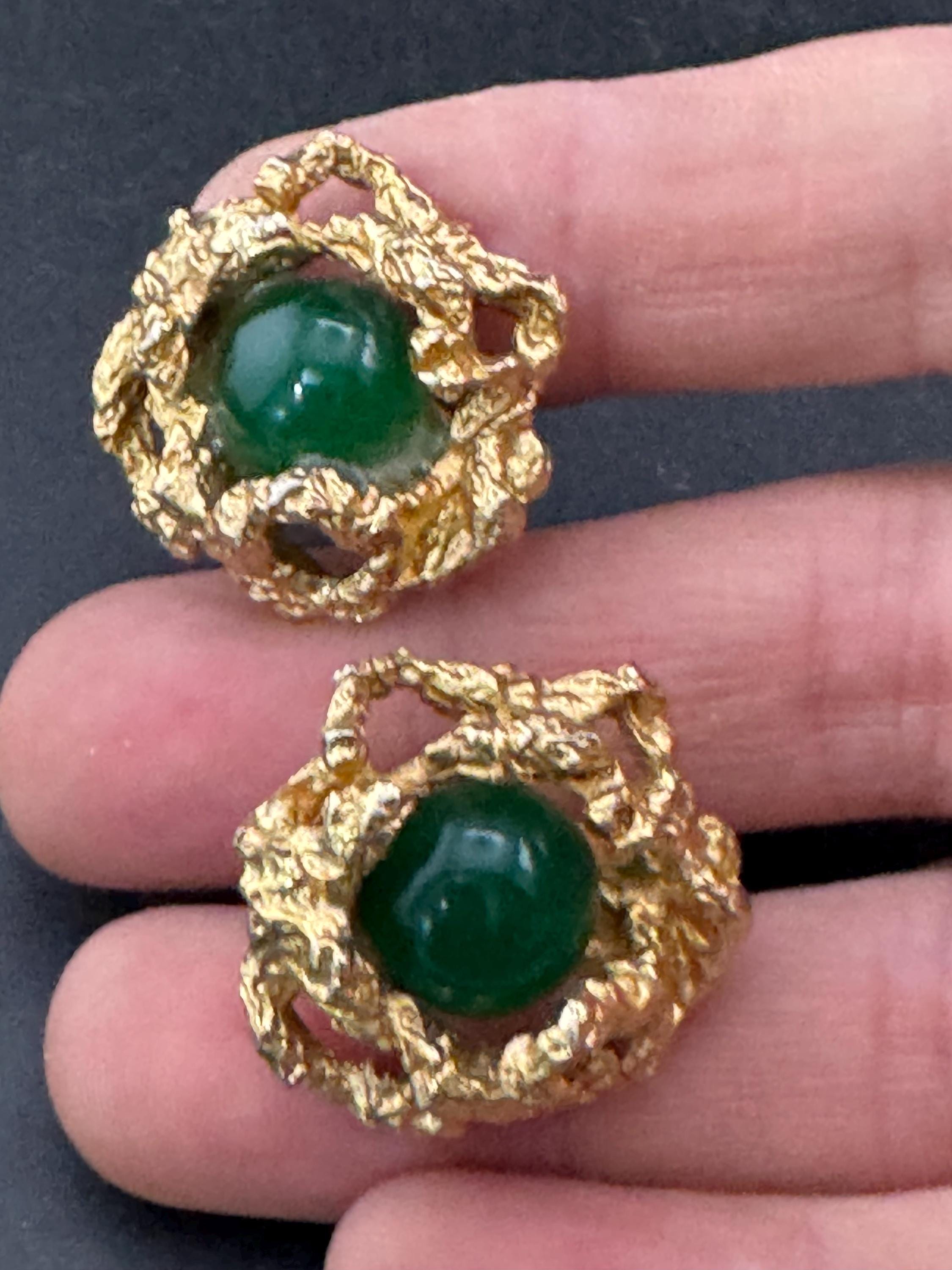 1970s brutalist nugget clip on stud earrings with green stone, gold tone