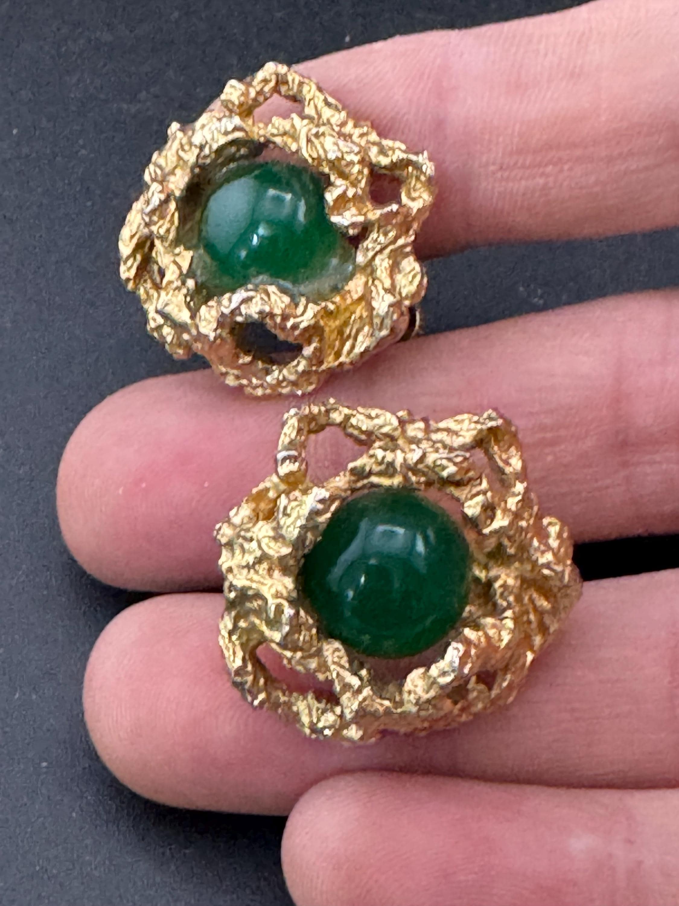 1970s brutalist nugget clip on stud earrings with green stone, gold tone