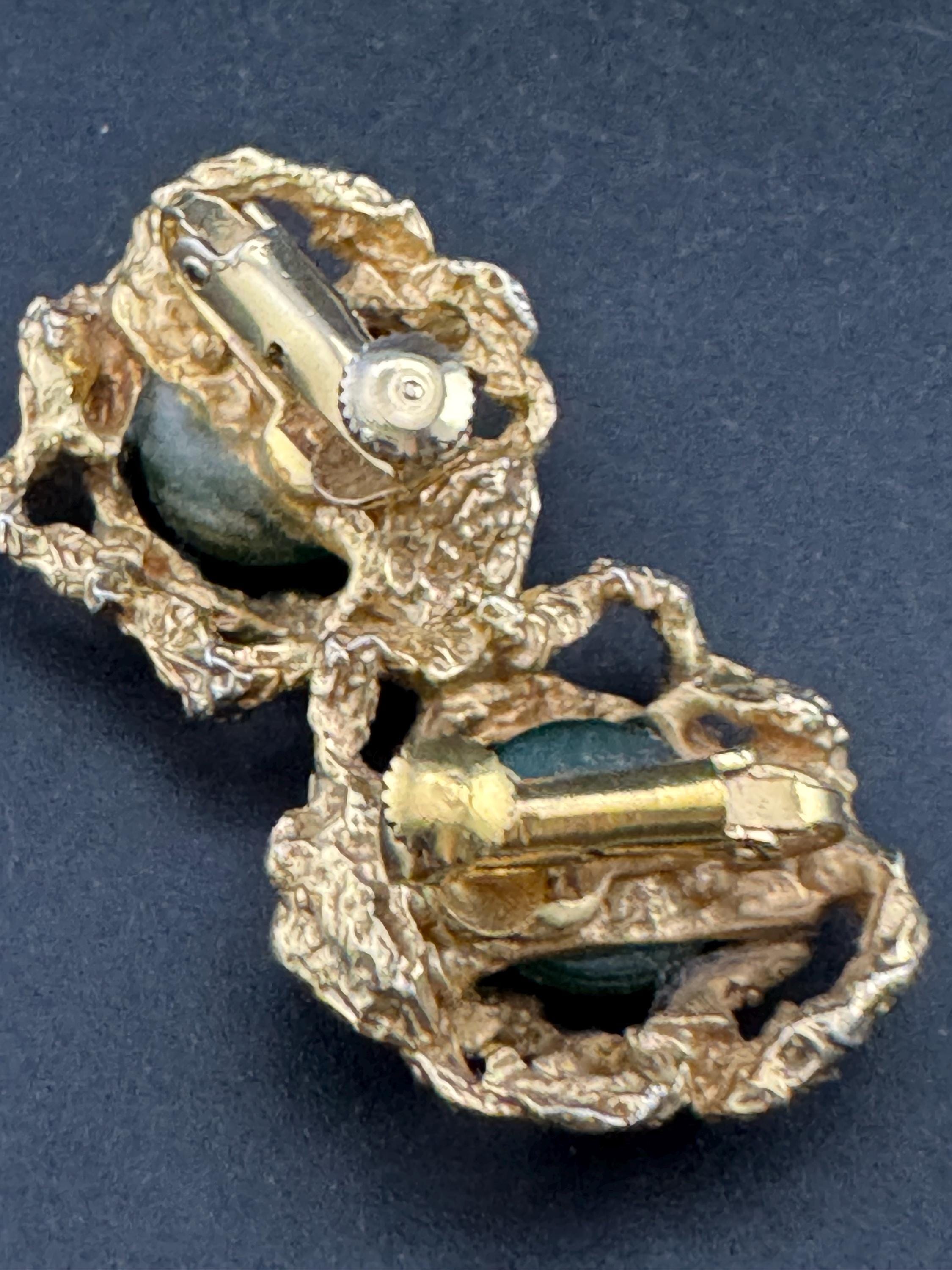 1970s brutalist nugget clip on stud earrings with green stone, gold tone
