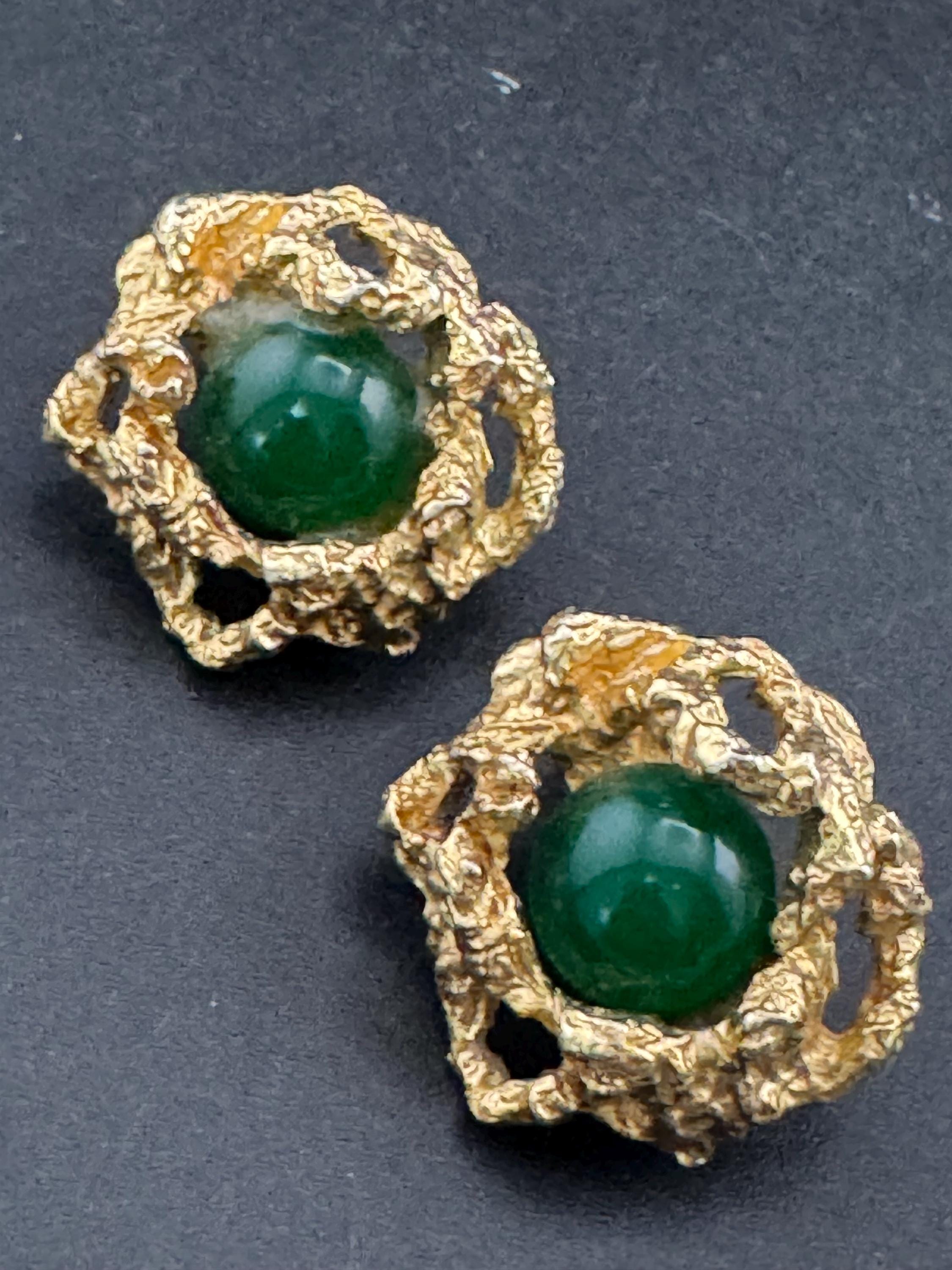 1970s brutalist nugget clip on stud earrings with green stone, gold tone