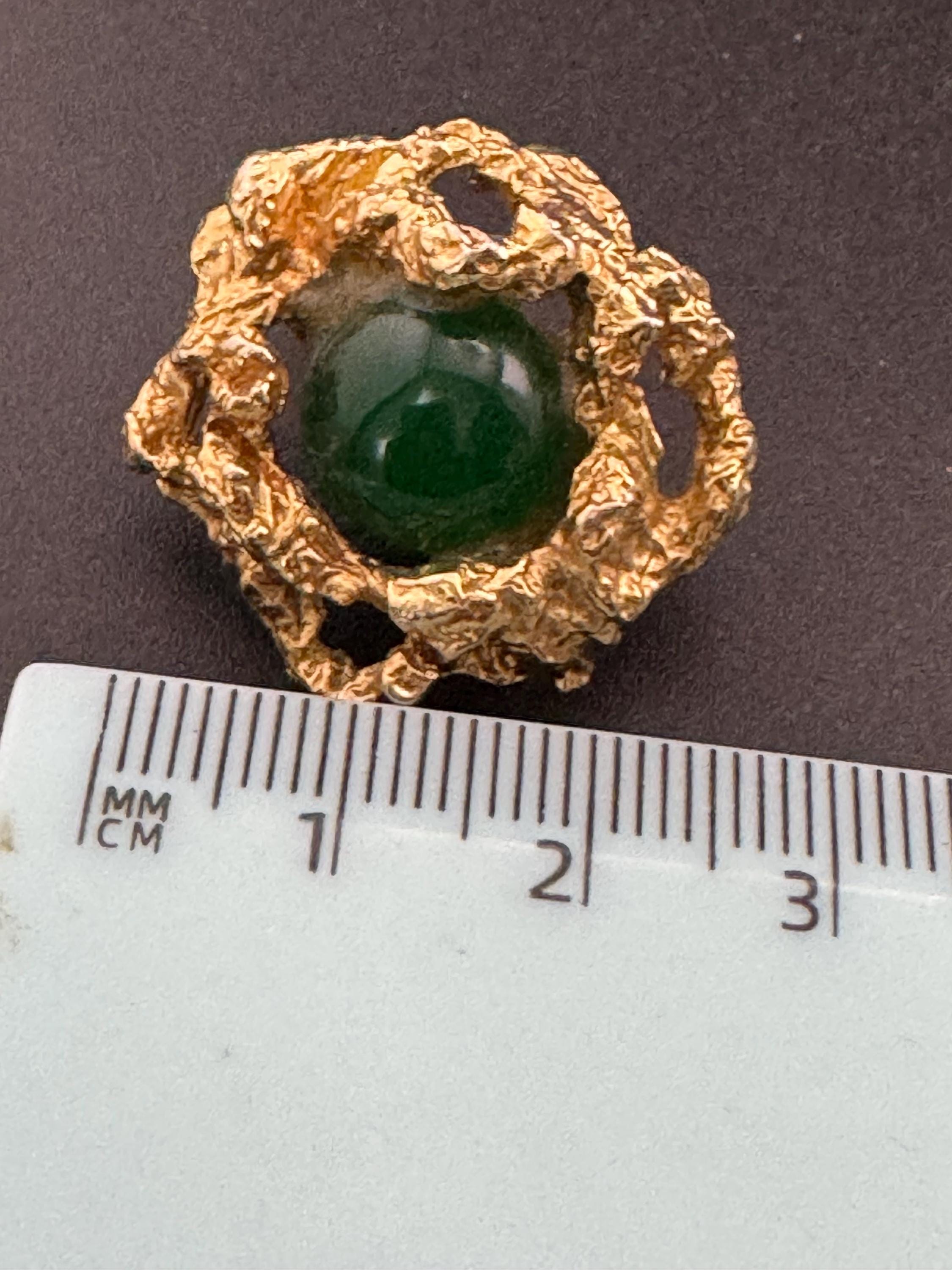 1970s brutalist nugget clip on stud earrings with green stone, gold tone