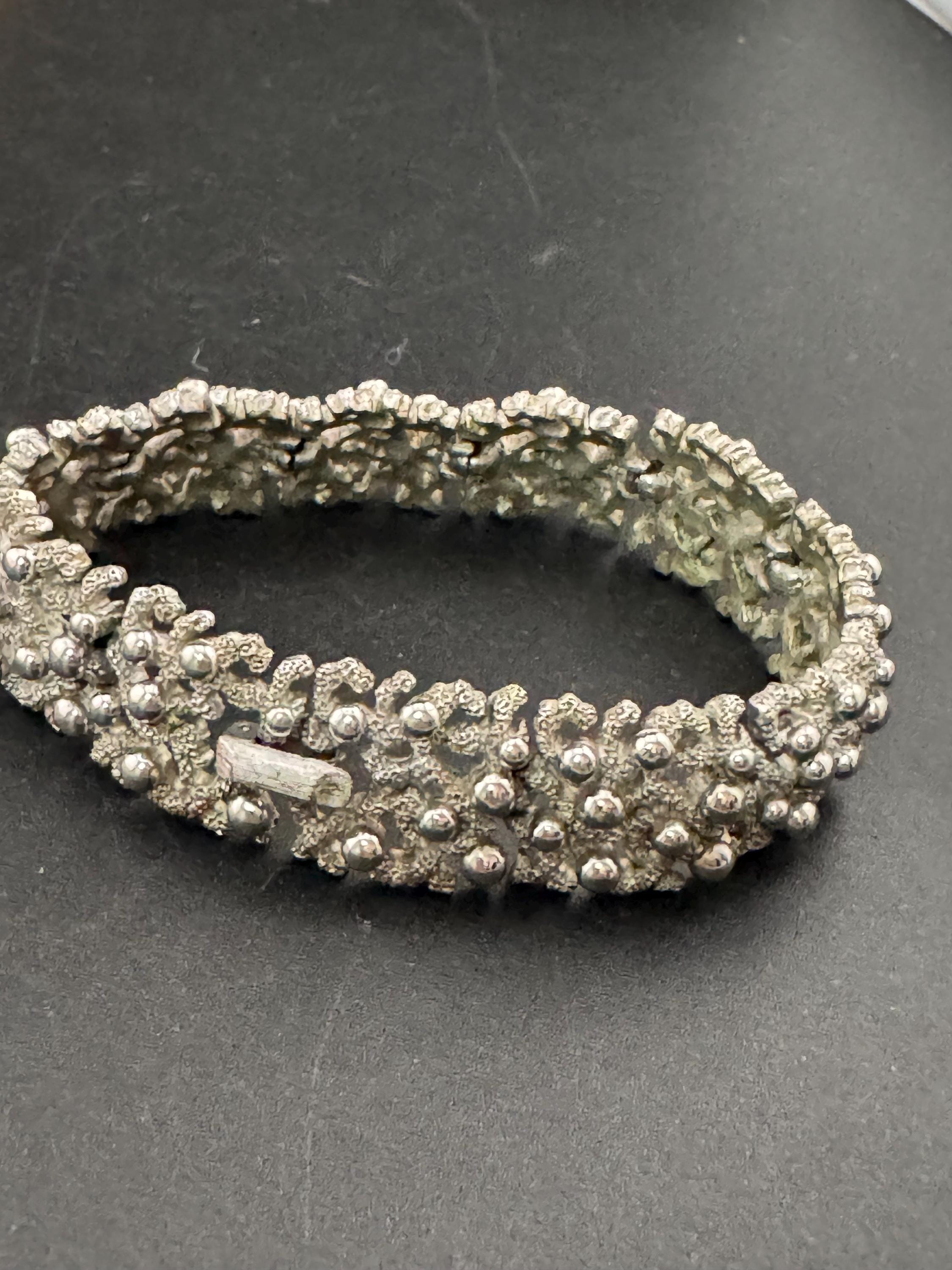 Brutalist ball beaded panel link bracelet 18.5cm , silver tone 1970s