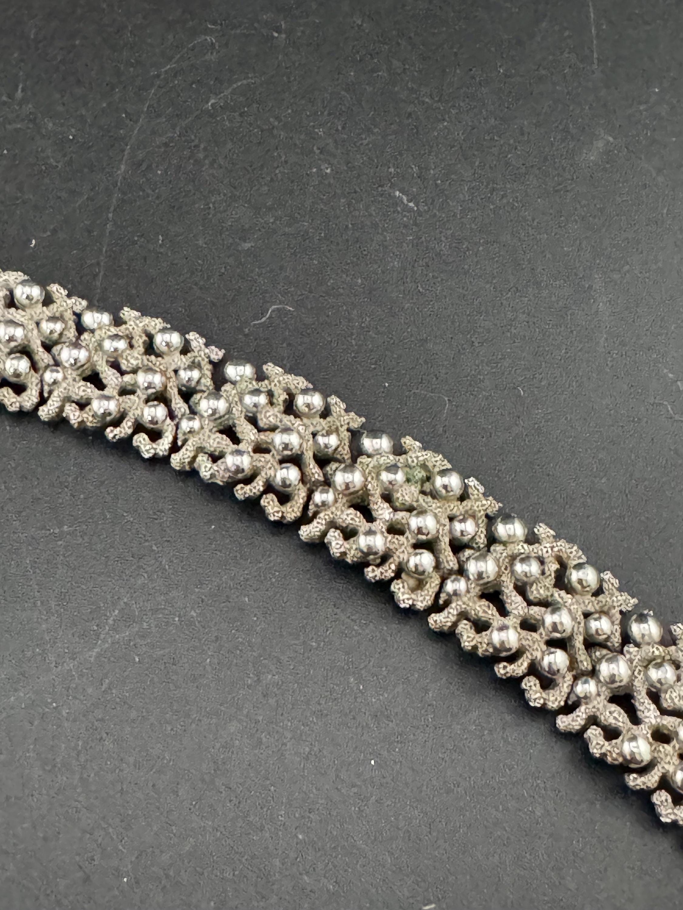 Brutalist ball beaded panel link bracelet 18.5cm , silver tone 1970s