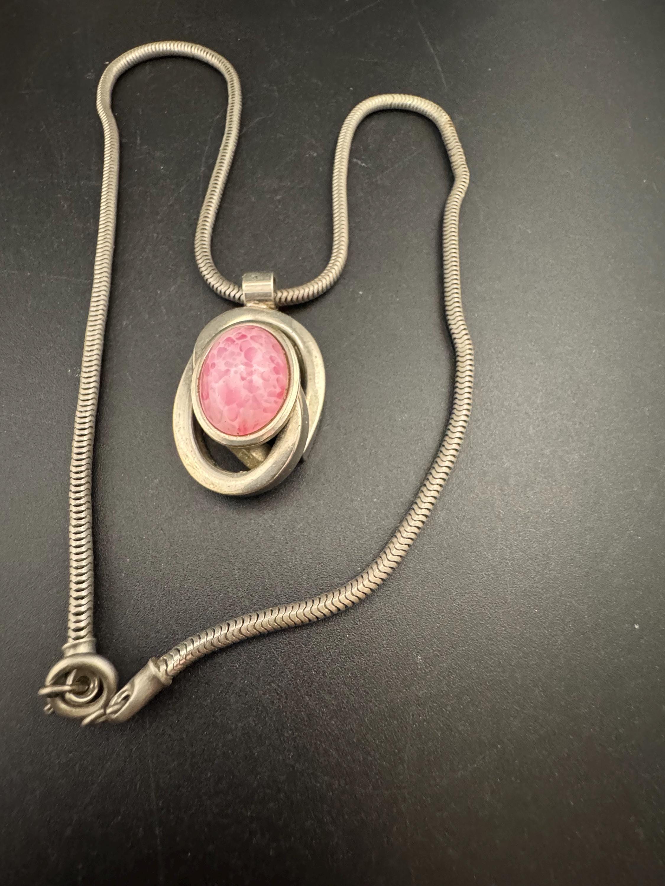 Vintage 1970s pink cabochon modernist chrome pendant necklace