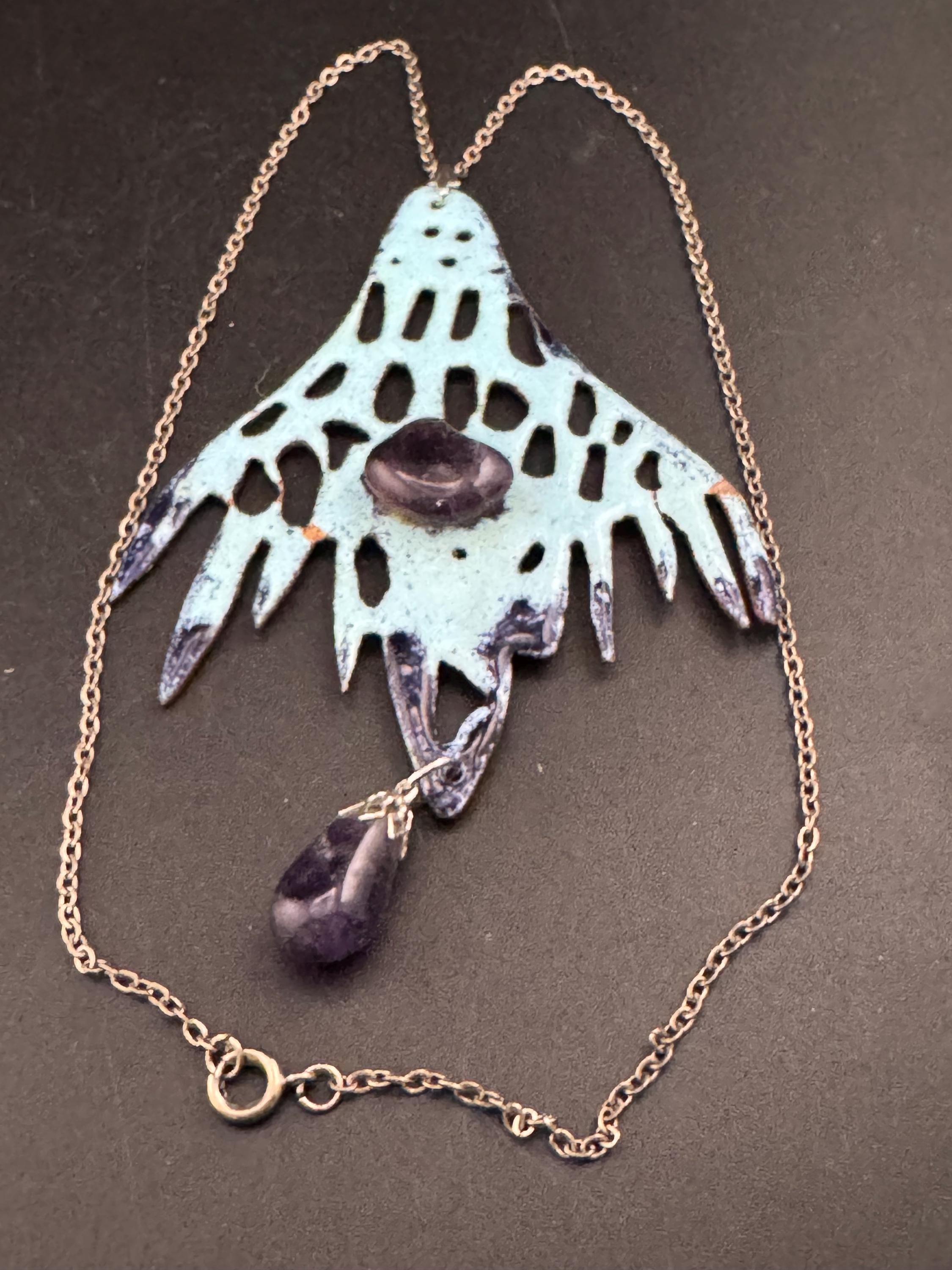Artisan oversized turquoise blue enamel pendant necklace with amethyst gemstones 1970s