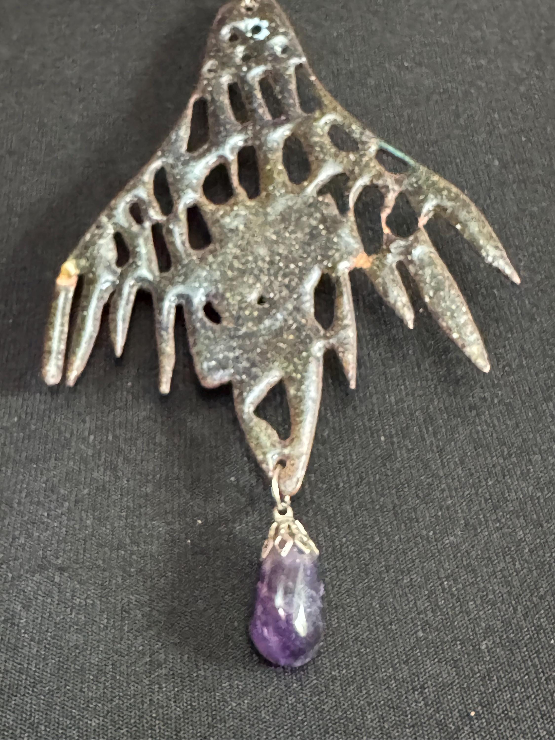 Artisan oversized turquoise blue enamel pendant necklace with amethyst gemstones 1970s