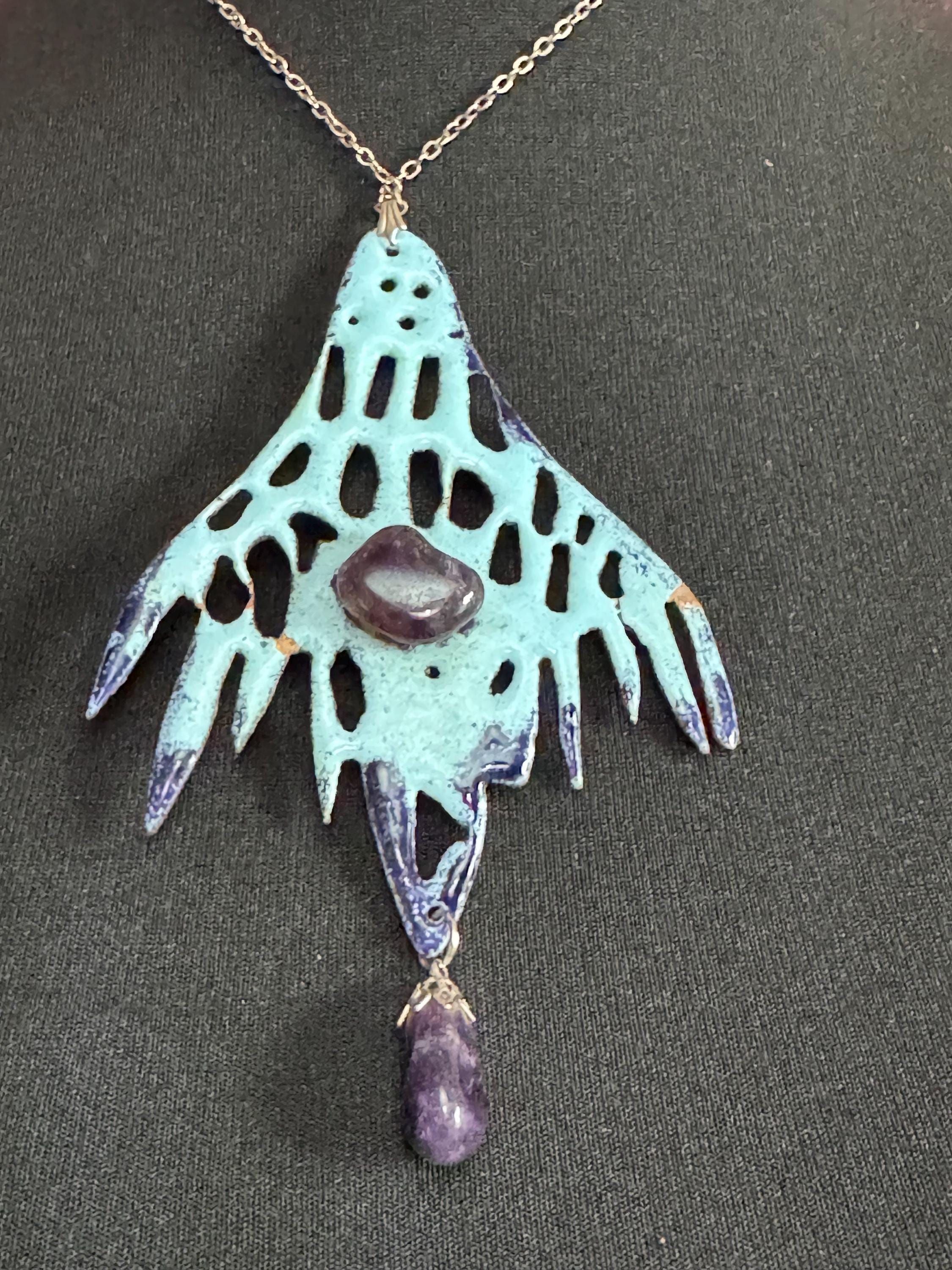 Artisan oversized turquoise blue enamel pendant necklace with amethyst gemstones 1970s