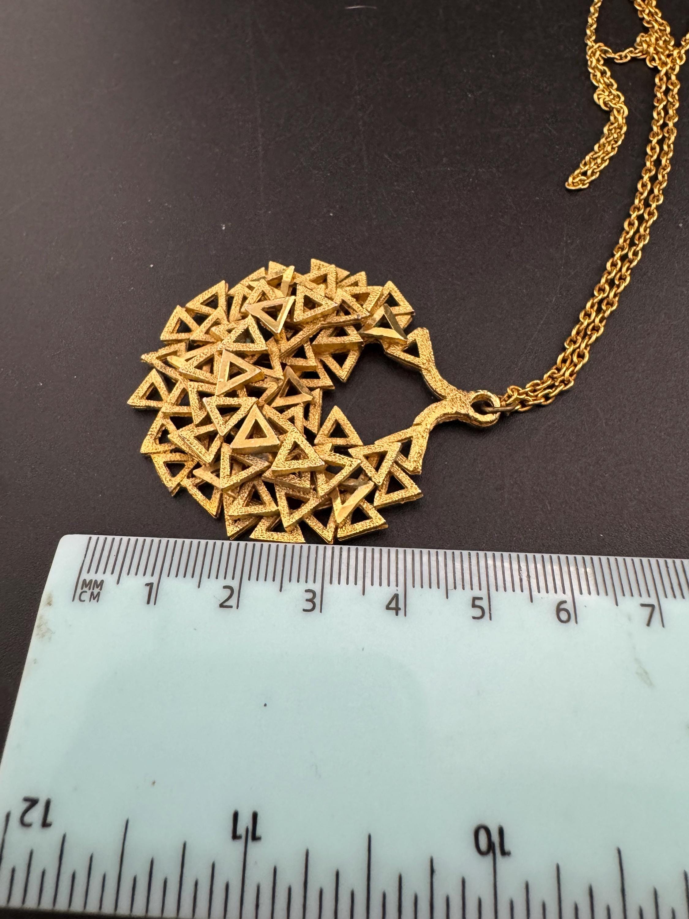 vintage geometric brutalist pendant necklace, 1970s gold tone
