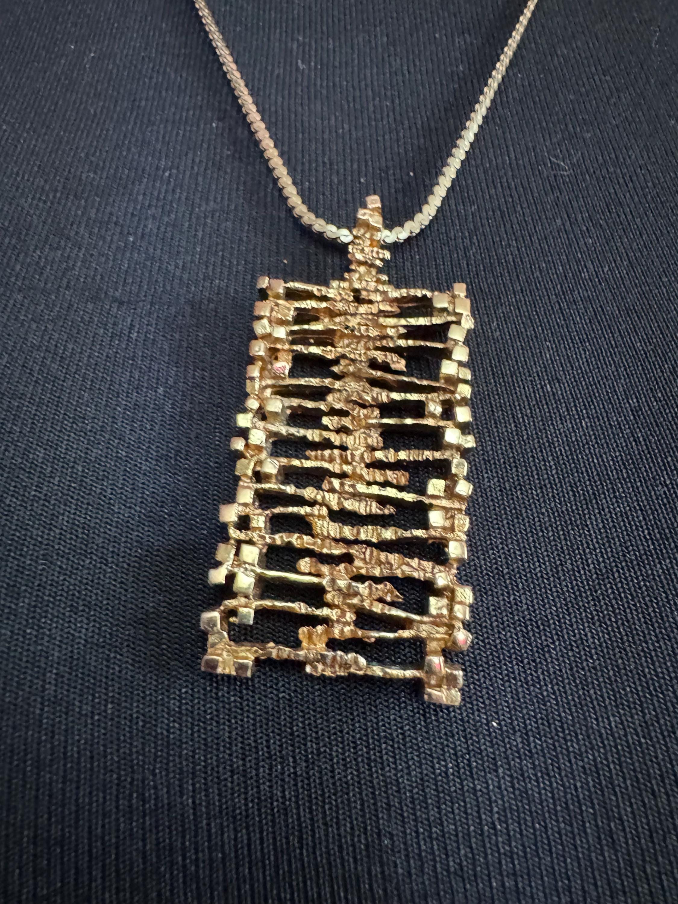 vintage geometric brutalist pendant necklace, 1970s gold tone