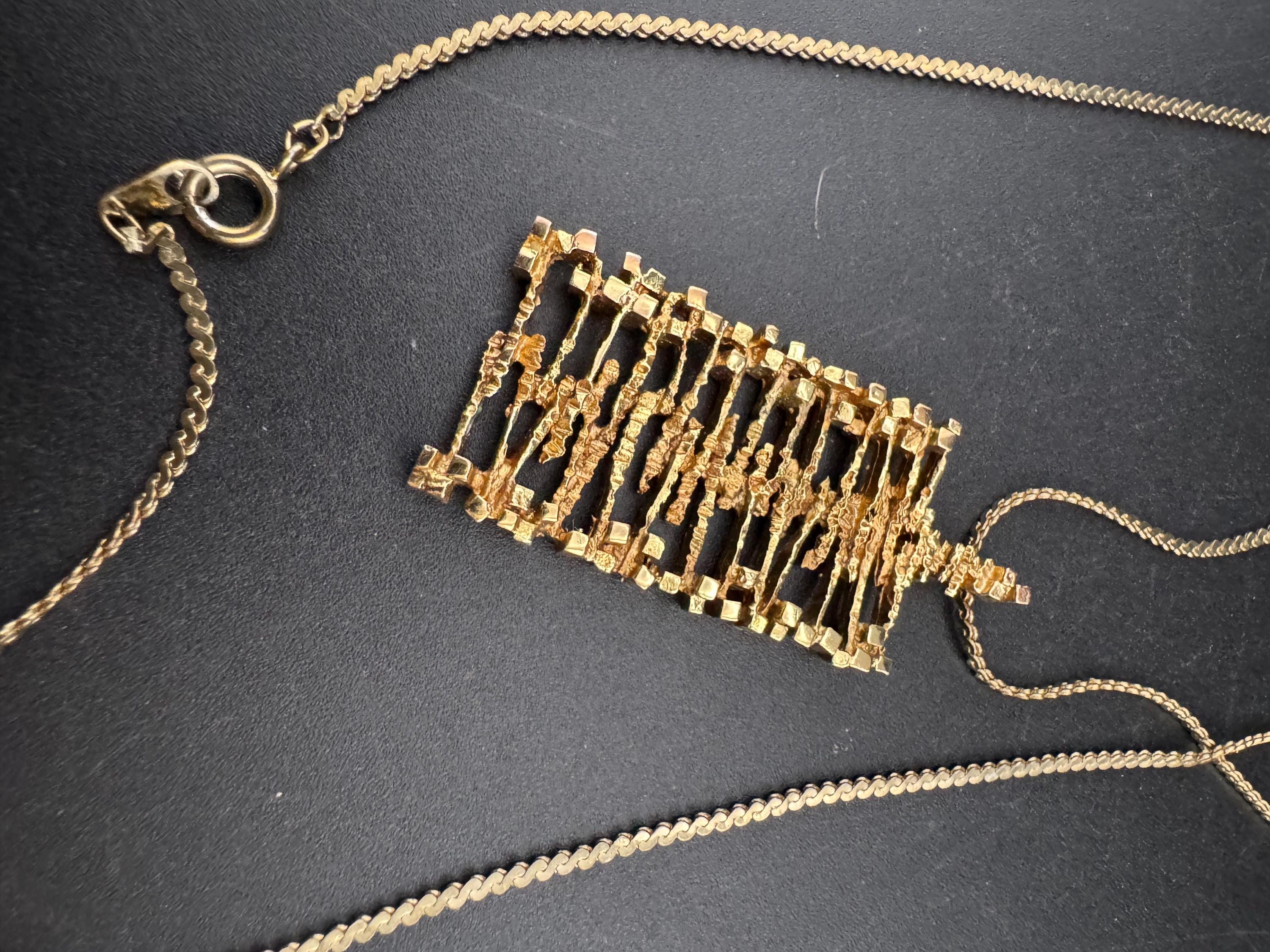 vintage geometric brutalist pendant necklace, 1970s gold tone