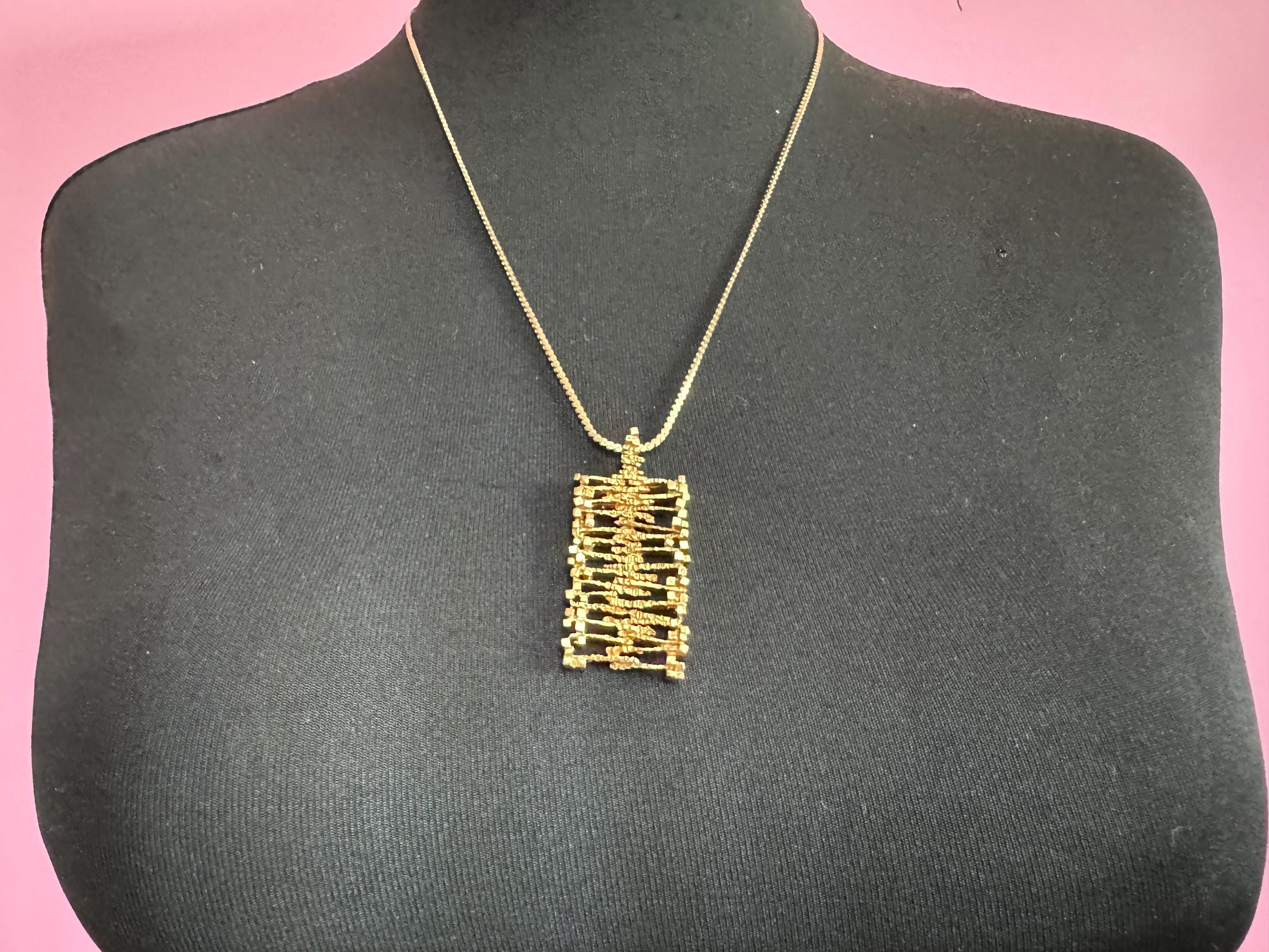 vintage geometric brutalist pendant necklace, 1970s gold tone